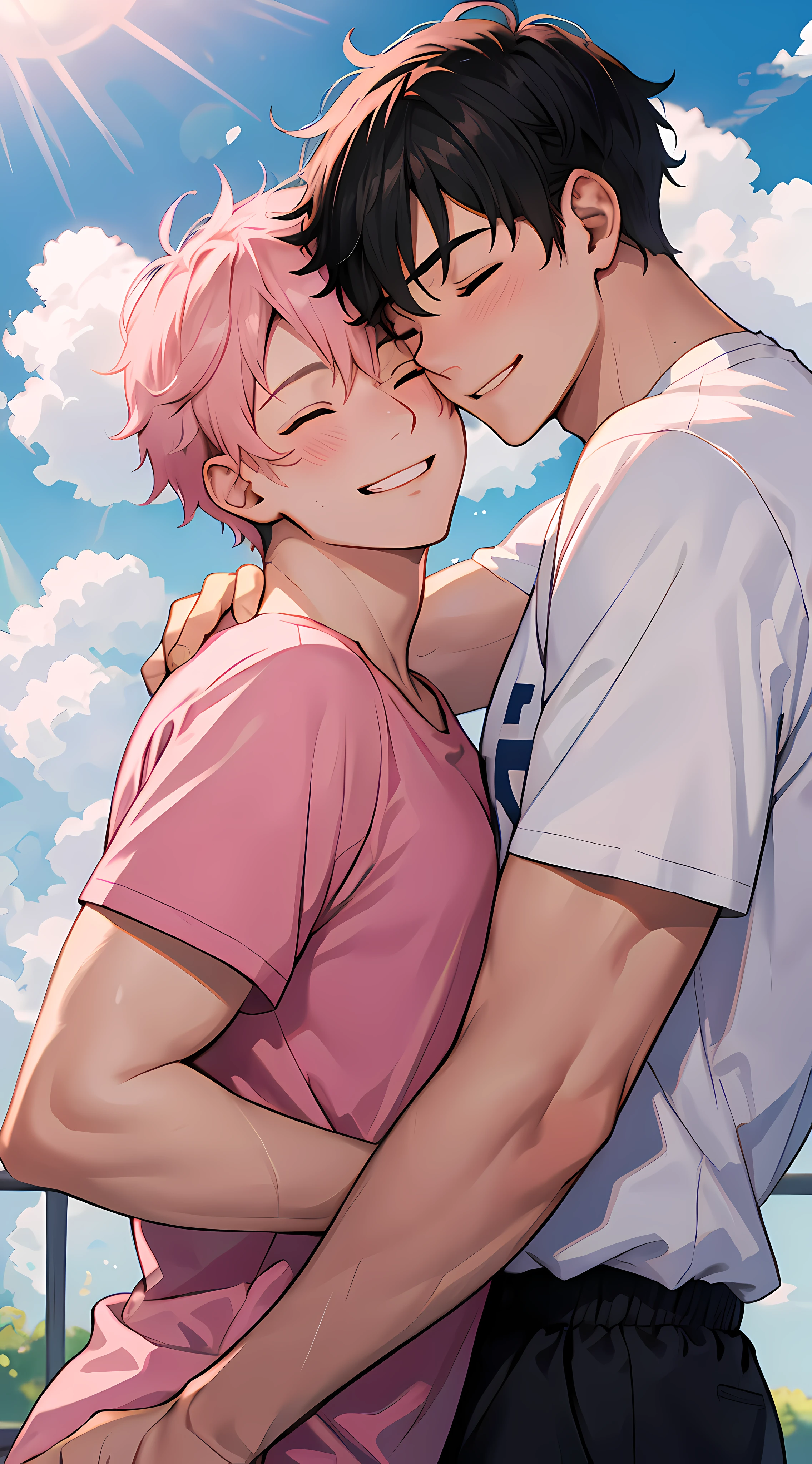 Hi-Def，high qulity，(2 men：1.2），white short sleeve，Sleep in the clouds，Pink clouds，Close your eyes，Hug face to face，Smile with your mouth closed，musculature，A small amount of clothing，Sunlight on the face
