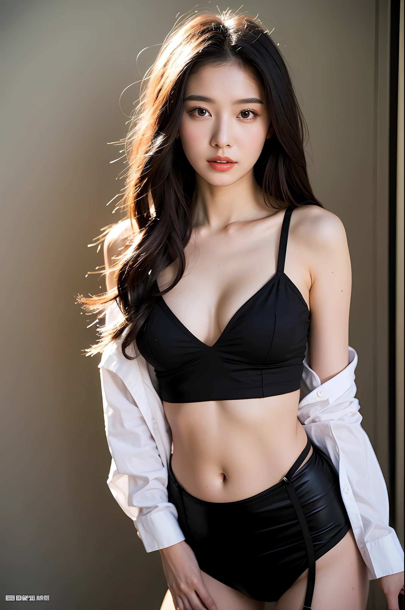 (Highly detailed body,Highly detailed face,the best quality:1.2) ,A beautiful woman with long hair,Look at viewers,(Pure lust black small suspender 1.2,Black miniskirt,Open navel,Medium chest 1.2)