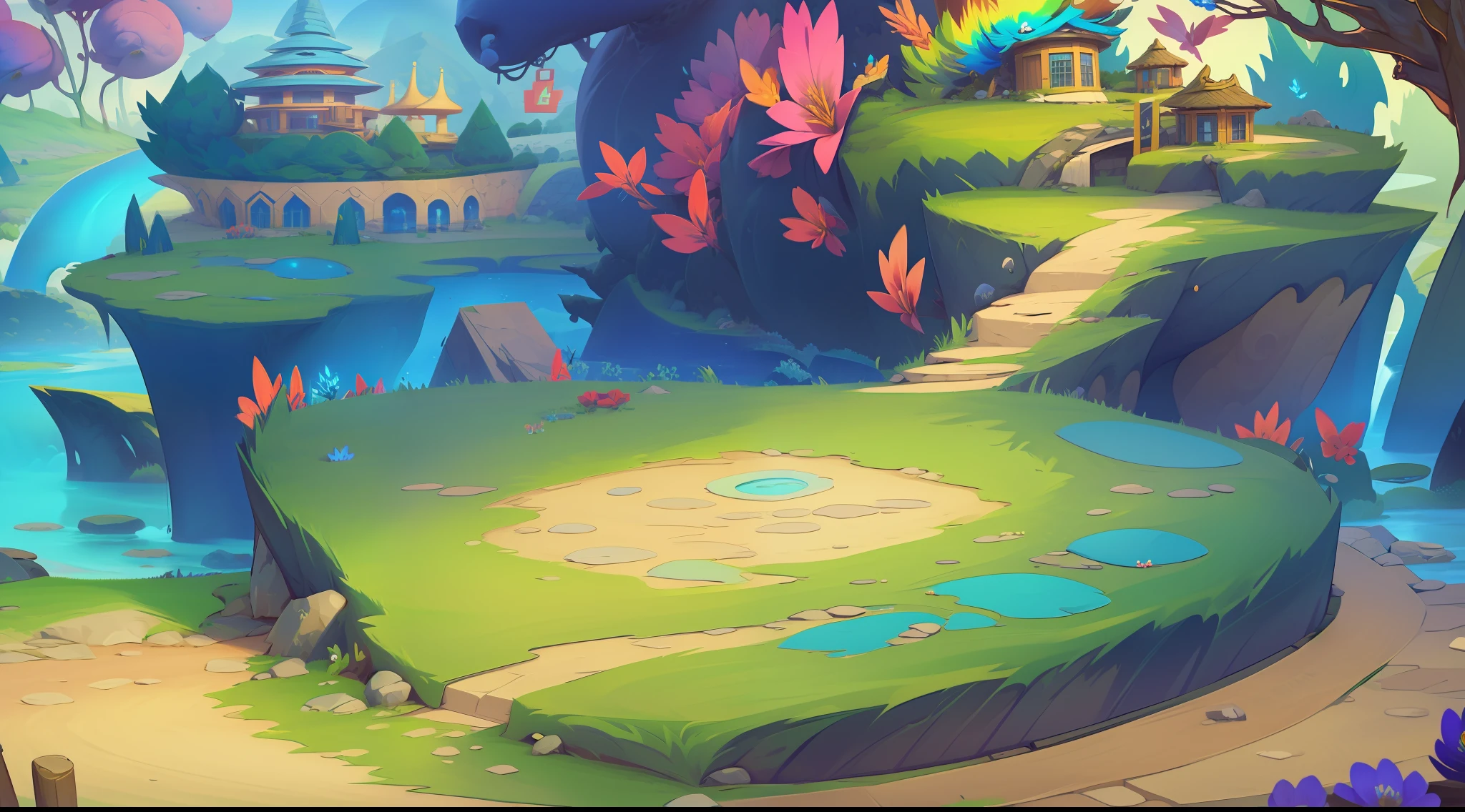 Game map design,cartoonish style,Side-scrolling battle scenes,The theme of the forest、Faraway view、The middle view is a flat ground,Close-up,Mogao Caves,angle of depression,gameicon,a masterpiece of,Epic composition,Best Quority,superhighresolution,8K