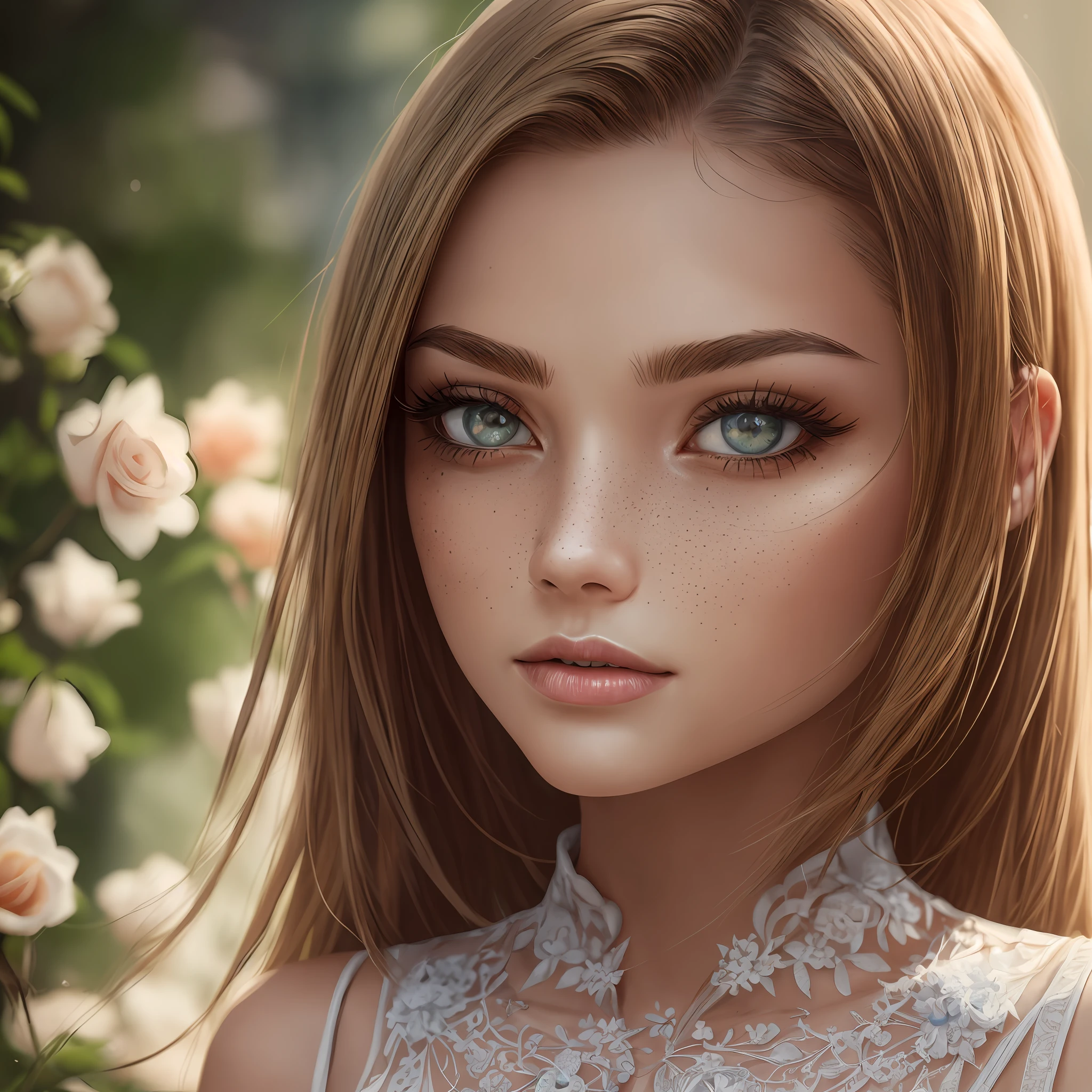 (Masterpiece, Superb Quality, Super Delicate, High Resolution), Female Focus, best quality, expressive eyes, perfect face, hyper realistic, ultra detailed photograph of a woman mix of Rose Bertram and Kate Upton, fantastic dress made in fabulous fabric, light amber eyes, sunlight details, depth of field, HOF, hall of fame, detailed beautiful face, spring environment, posture natural body, professional photographer, captured with professional DSLR camera, trends on Artstation, 64k, intricate, ultra detailed, ultra precise detailed, bokeh lighting, photo realistic, Whimsical Garden background, cascades, balcony, breathtaking, springtime, ultra unreal engine, WLOP, intricate, epic, freckles, peach fuzz, detailed mascara, --auto