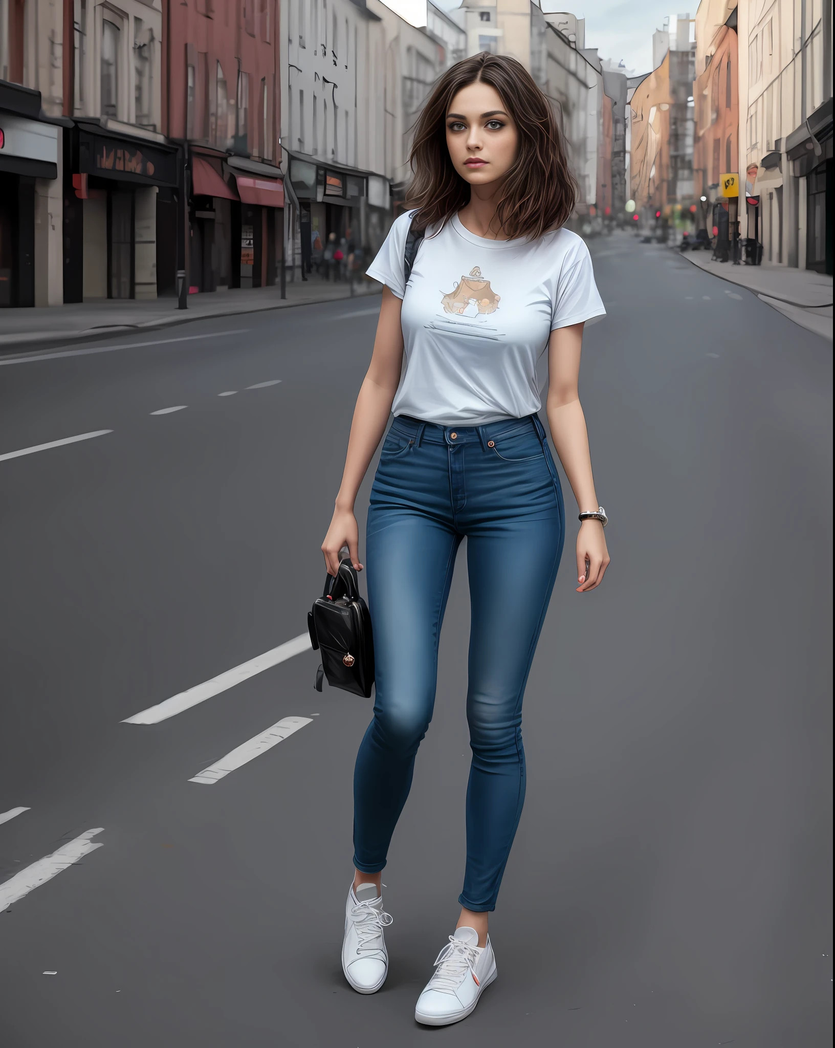 White basic rounded neck teeshirt with skinny jeans, sneakers shoes, Botox lips, very moist skin and hair, firm breasts, dark short hairs, European youth, perfect body, open (thin, perfect body, small), photorealism trends, high-resolution details, raw photography, sharpness, uniqueness in d850 4, koda850 k 400 portrait camera, 1.6 lens, rich colors, hyperrealistic texture, spectacular lighting, a surprise to real art, the fashionable Cinestil 800 mechanism,