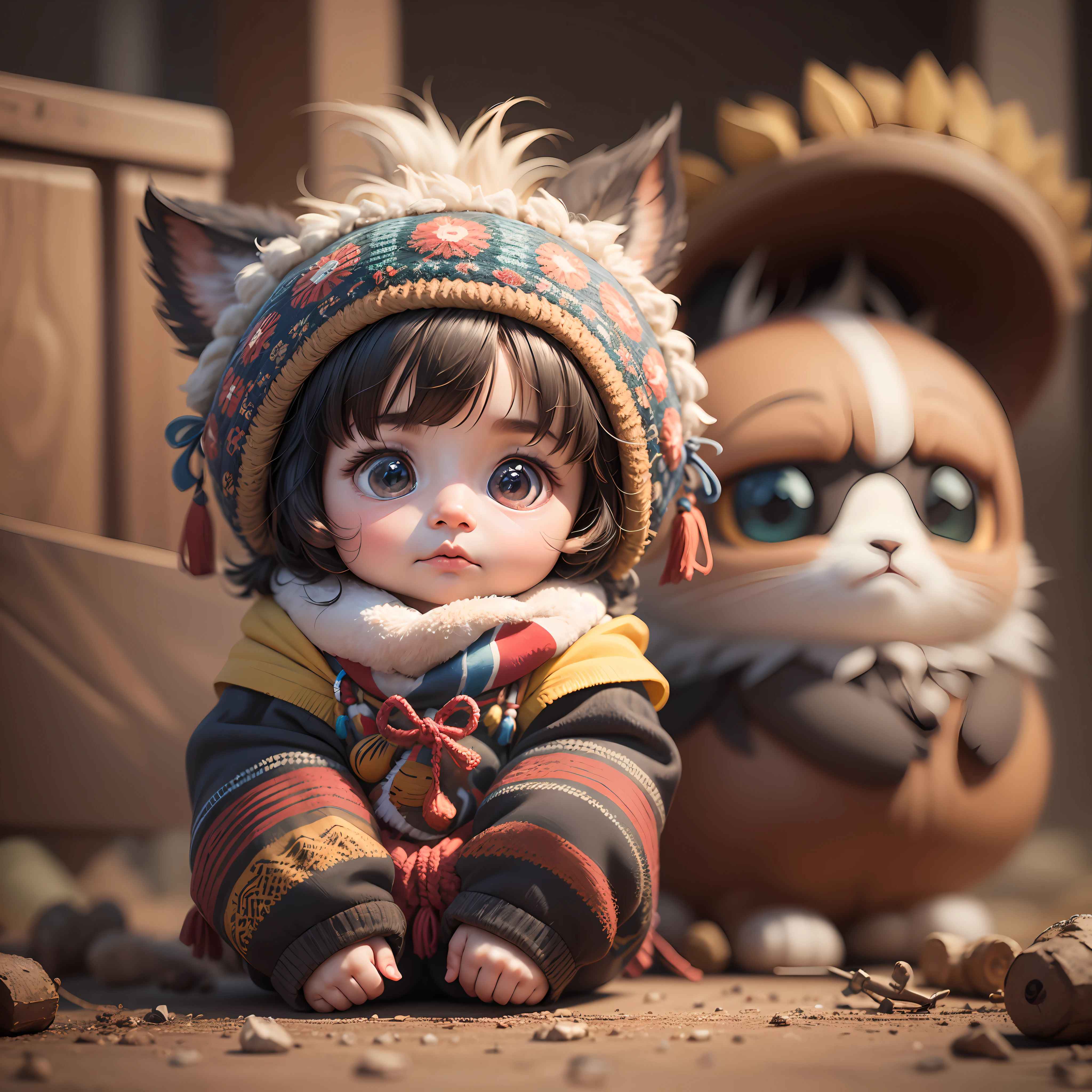 Little cute baby adorable bolivian indigenous inca with big fluffy eyes, 8K, OCTANE RENDER --auto --s2