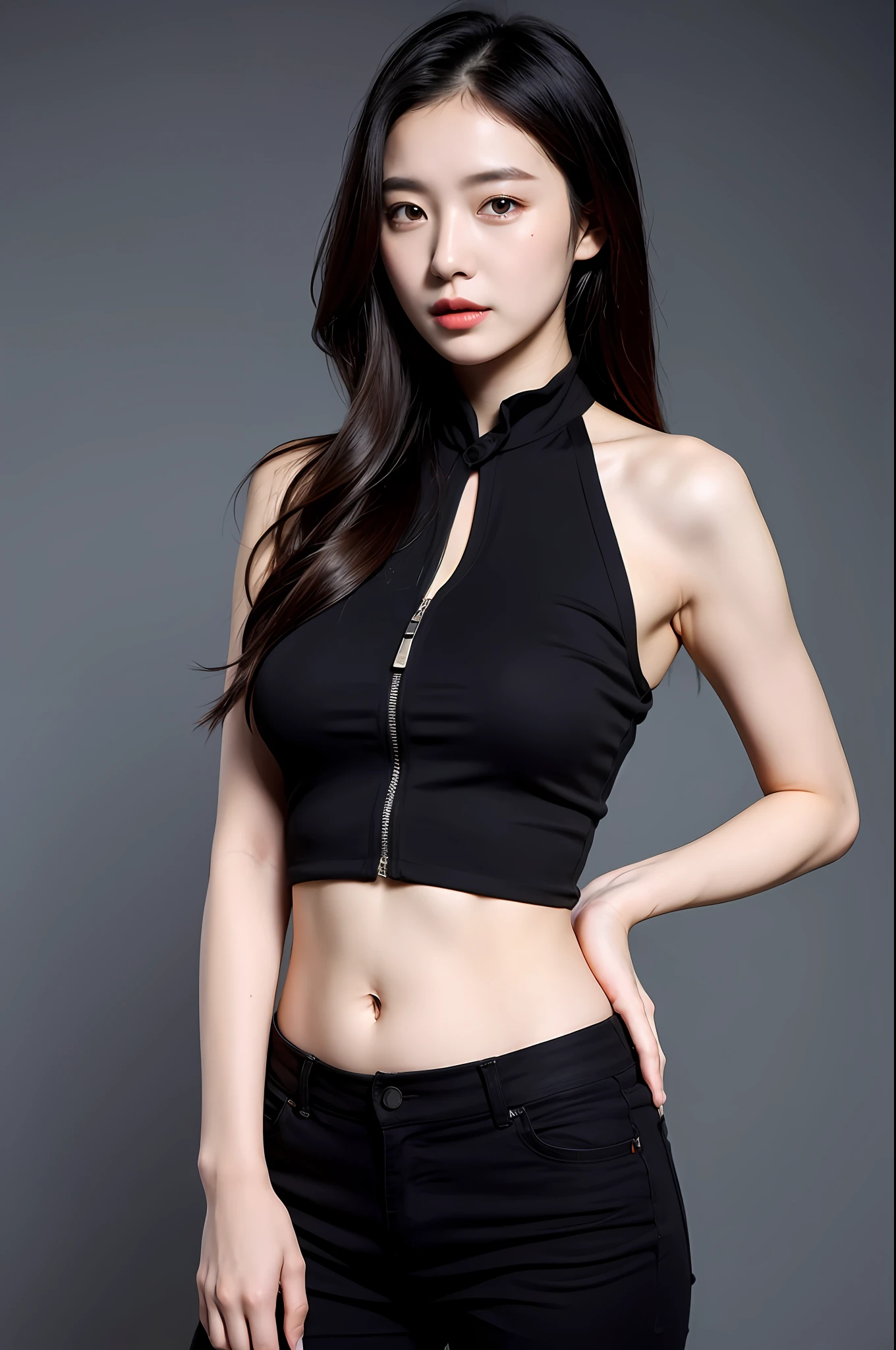 (Highly detailed body,Highly detailed face,the best quality:1.2) ,A long-haired female model,Look at viewers,(Halter neck vest top,Short black pants)