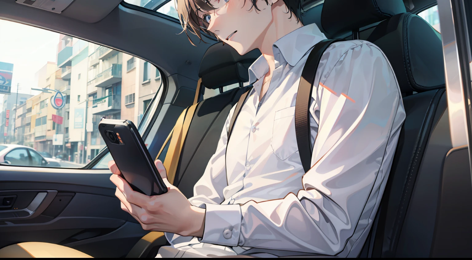 A man in a white shirt sat in the back of a taxi and picked up his mobile phone to look
