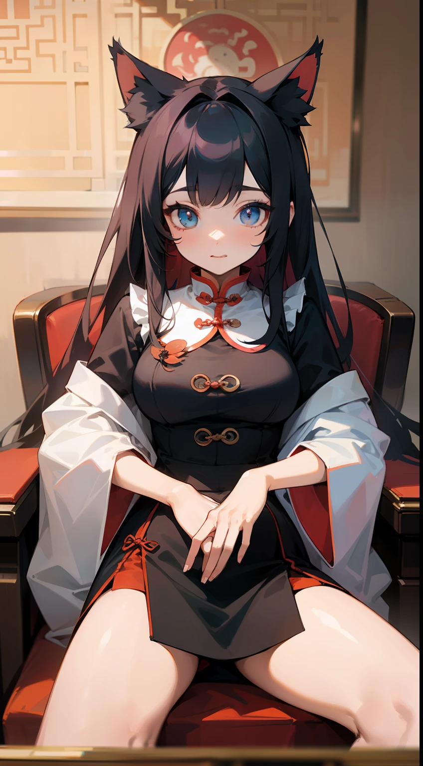 ((Master masterpiece)), ((Top image quality)), illutst, The girls1Guys, Hair color, Bangs, Hairstyle Fax,Cat's ears、 Portrait from the waist up, Slender、constricted hips、((large udder))、qipao、Skirt with slits、Sit on a chair and show your thighs、Chinatown、Chinese sweets、chinese fancy chairs、Chinese Rich Man's Room