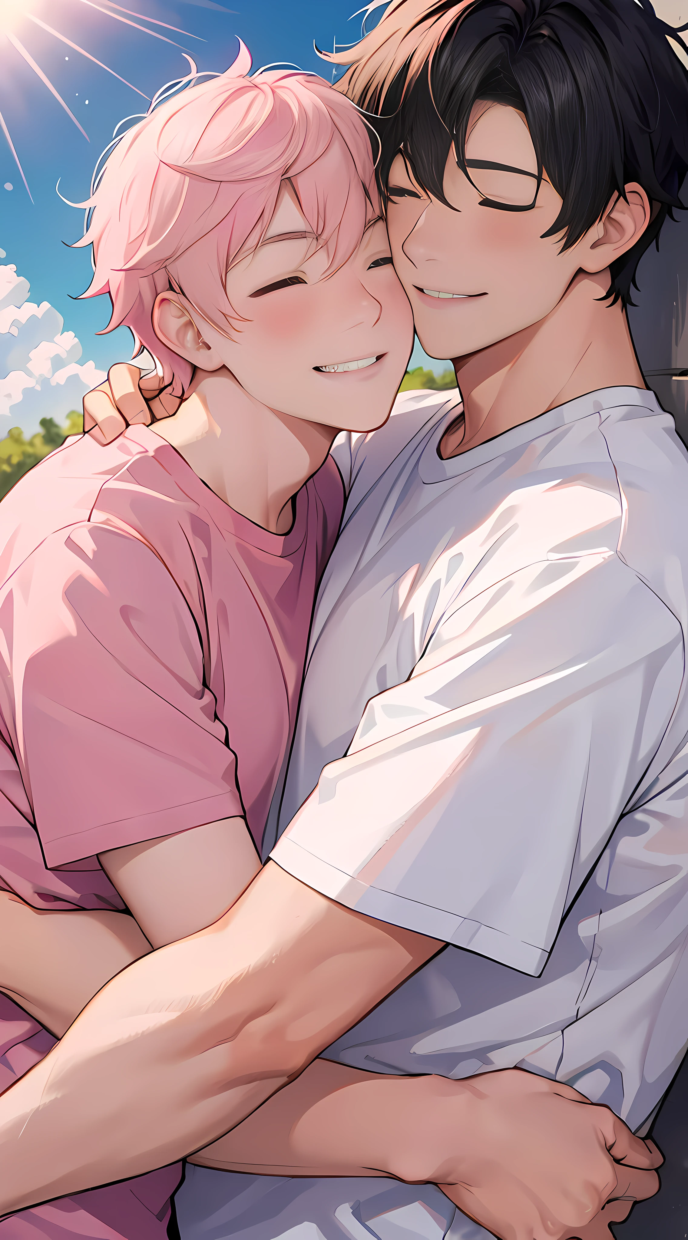 anime couple hugging each other in front of a blue sky, yaoi, author:New Art, sasoura, nick silva and ilya kuvshinov, akehiko inoue and ross tran, two anime handsome men, Cute boys, author:Shitao, author:Ei-Q, kissing together cutely, zerochan, author:Kikukawa Sakaeyama