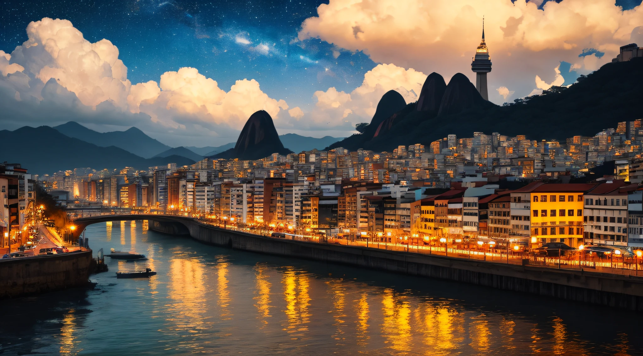 /imagine prompt: an oil painting of the flag city São Gonçalo, Rio de Janeiro em 2100, no estilo de Vincent van Gogh, with striking strokes and intense colors, undulating buildings and starry sky, temperatura de cor quente, contemplative facial expressions, Dramatic lighting and surrounding atmosphere--V 5 --Stylize 1000