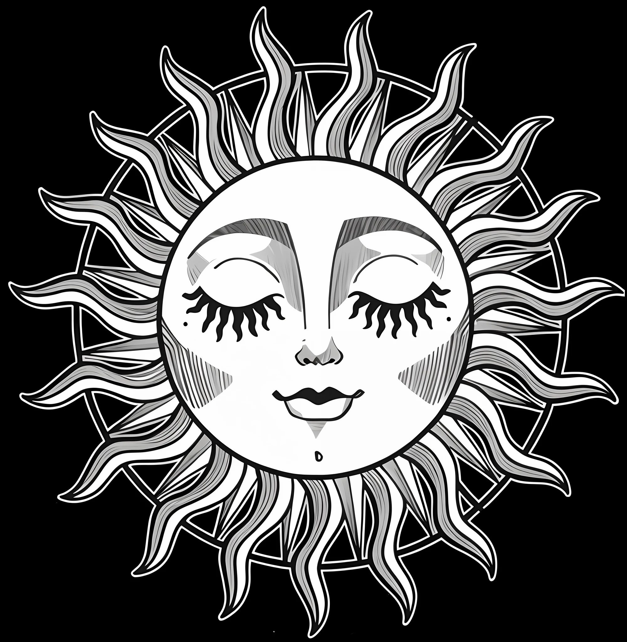 a black and white drawing of a sun with eyes closed, suns. Beautiful, melting sun, dark sun, inspired by Xul Solar, black sun, dark sun, suns, A sunny, lsd tattoo design, suns, cosmic sun in the background, as the goddess of the sun, hot and sunny highly-detailed, sun is in the top