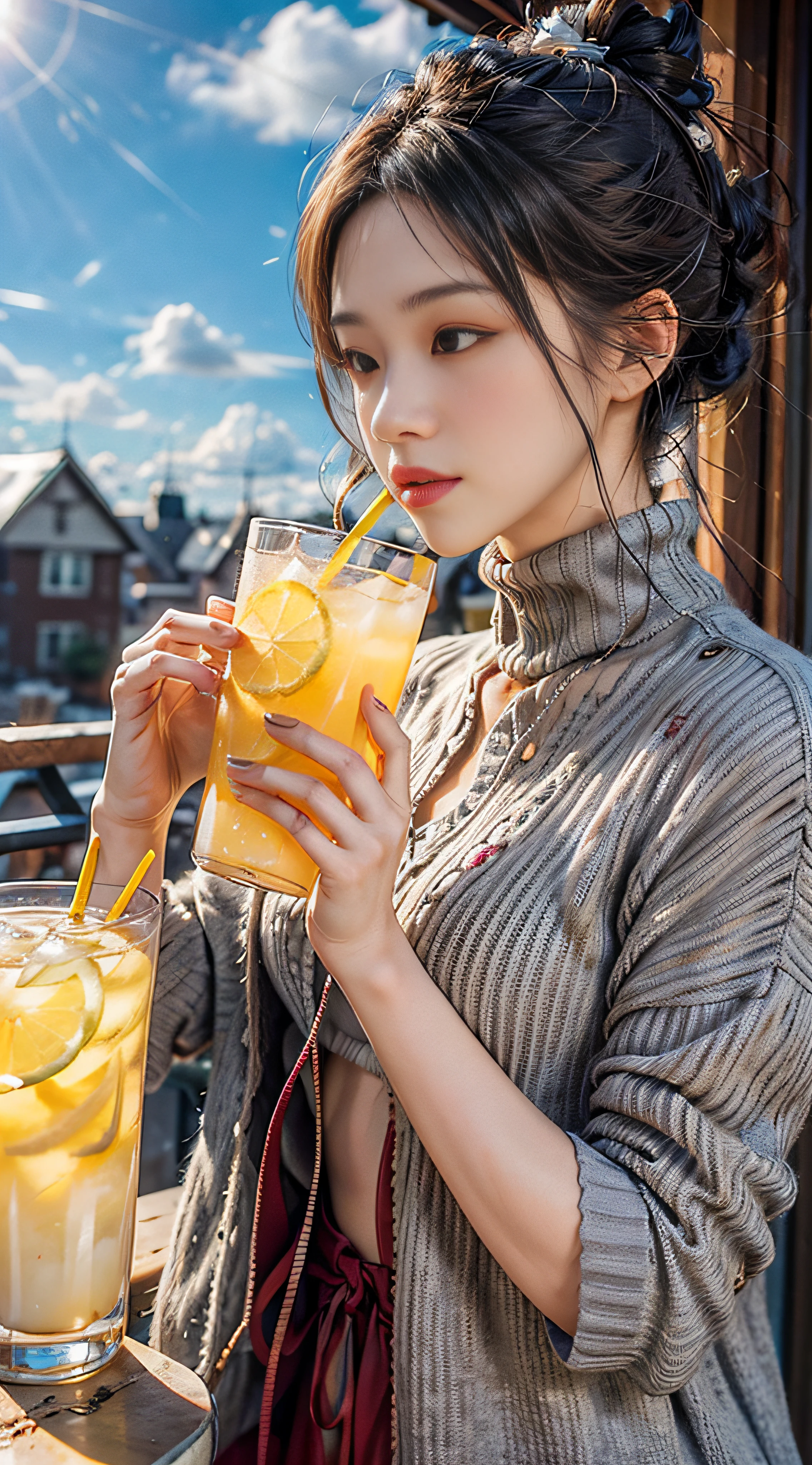 Gray sweater,Burgundy leather coat,Gray hair,Ethereal atmosphere,ice cubes,lemon juice,drinks,Sunny with blue sky,beautiful cloud
