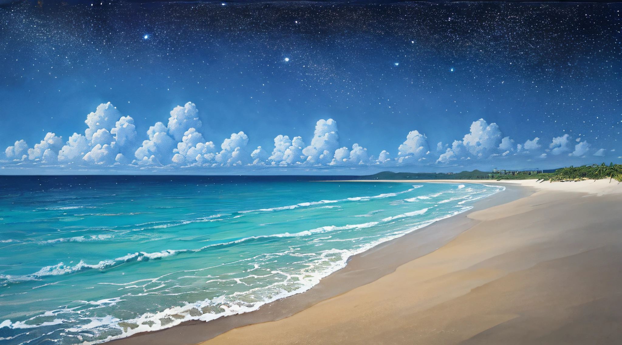 calm sea, crystal clear sea, white sand, resort, (starry sky: 1.2), ((natural lighting)), clear focus, (long shot: 1.1), watercolor, painting, (summer: 1.2), incoming clouds, horizon
