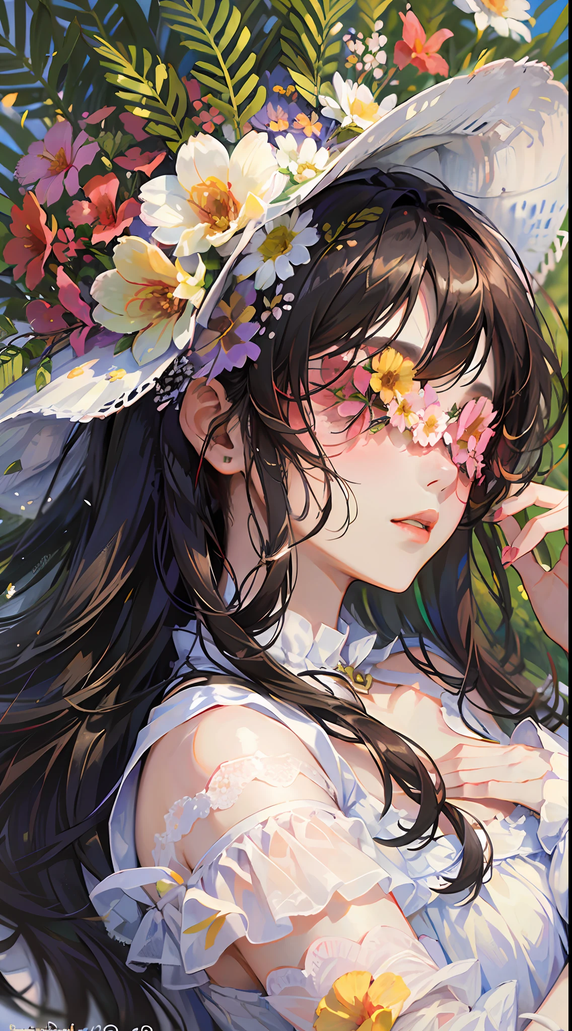 holding petal, flower hat, tropical, falling petals,1girl,long hair,flower mask,(girl lying in a flower field:1.2),heart background, timestamp, hat flower, seasons, emoticon, flower \(symbol\), fine art parody,  summer, colorful, flower bed, floral print ,white dress,