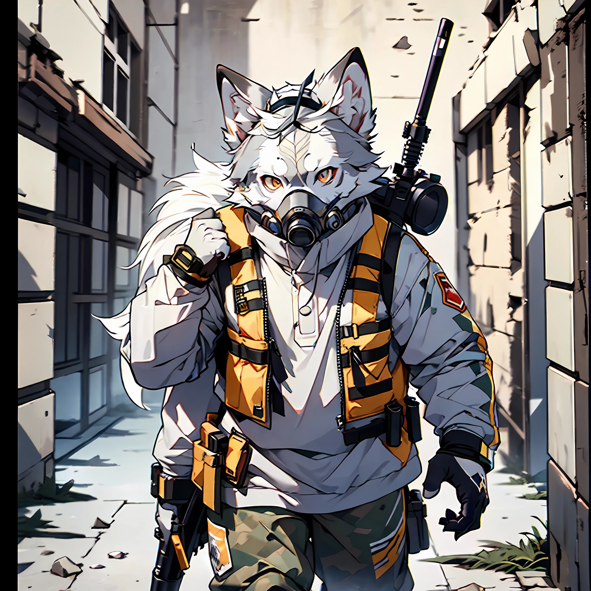 (Best Quality), ((Sharpen 1.2)), (Masterpiece), Lines Visible, (((Single))), (Ultra Detailed), (Furry), Full Body Furry, Furry, (Male Arctic Fox: 1.5), (Gray Skin: 1.3), (Gray Fur: 1.3), (Golden Eyes), ((Canine Paws)), ((Gray Paws)), (Gray Ears), Sharp Focus, (Furry Feeling of Animal Ears), Wearing Soldier Equipment, Wearing Bulletproof Vests, Wearing a soldier's helmet, wearing a gas mask and carrying a rifle on his back, on the ruins of the battlefield