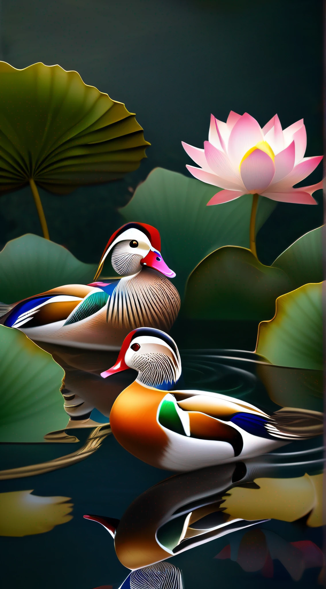 In a fascinating picture，A pair of mandarin ducks in the pond，Mandarin ducks' gorgeous feathers plus lotus flowers around them，It creates a captivating scene of harmony and otherworldly beauty，（中景 the scene is：1.3），（lotus flower：1.3），Ultra photo realsisim，Ultra-detailed graphics，masterece-piece，Premium wallpapers，hdr，（真实感，Masterpiece quality，Best Quority）