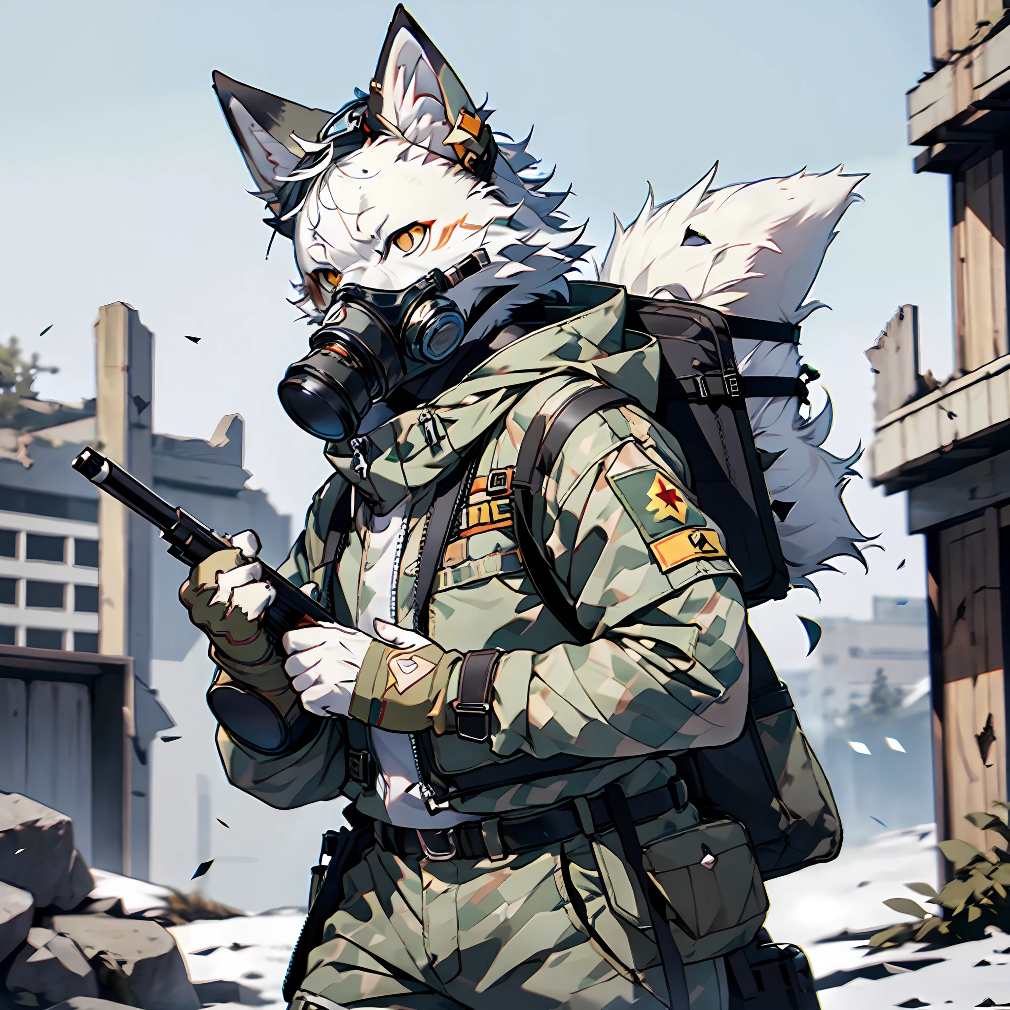 (Best Quality), ((Sharpen 1.2)), (Masterpiece), Lines Visible, (((Single))), (Ultra Detailed), (Furry), Full Body Furry, Furry, (Male Arctic Fox: 1.5), (Gray Skin: 1.3), (Gray Fur: 1.3), (Golden Eyes), ((Canine Paws)), ((Gray Paws)), (Gray Ears), Sharp Focus, (Furry Feeling of Animal Ears), Wearing Soldier Equipment, Wearing Bulletproof Vests, Wearing a soldier's helmet, wearing a gas mask and carrying a rifle on his back, on the ruins of the battlefield