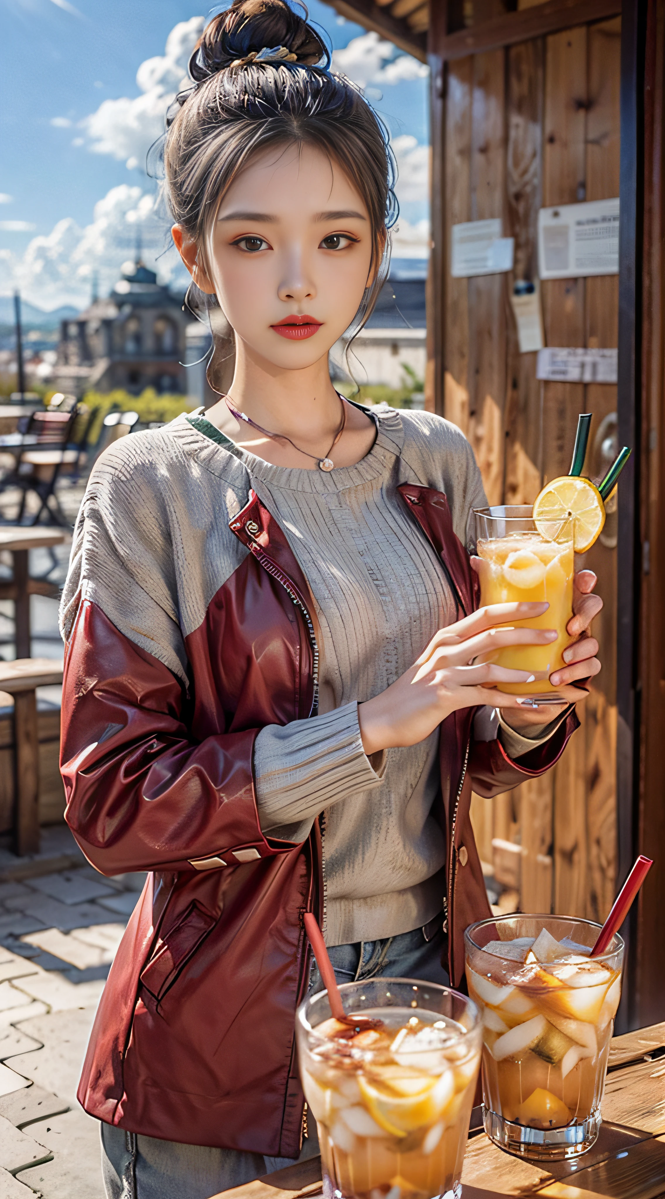 Gray sweater，Burgundy leather coat，Gray hair，Ethereal atmosphere，Soft drinks made with ice cubes and lemon juice，Sunny with blue sky，beautiful cloud