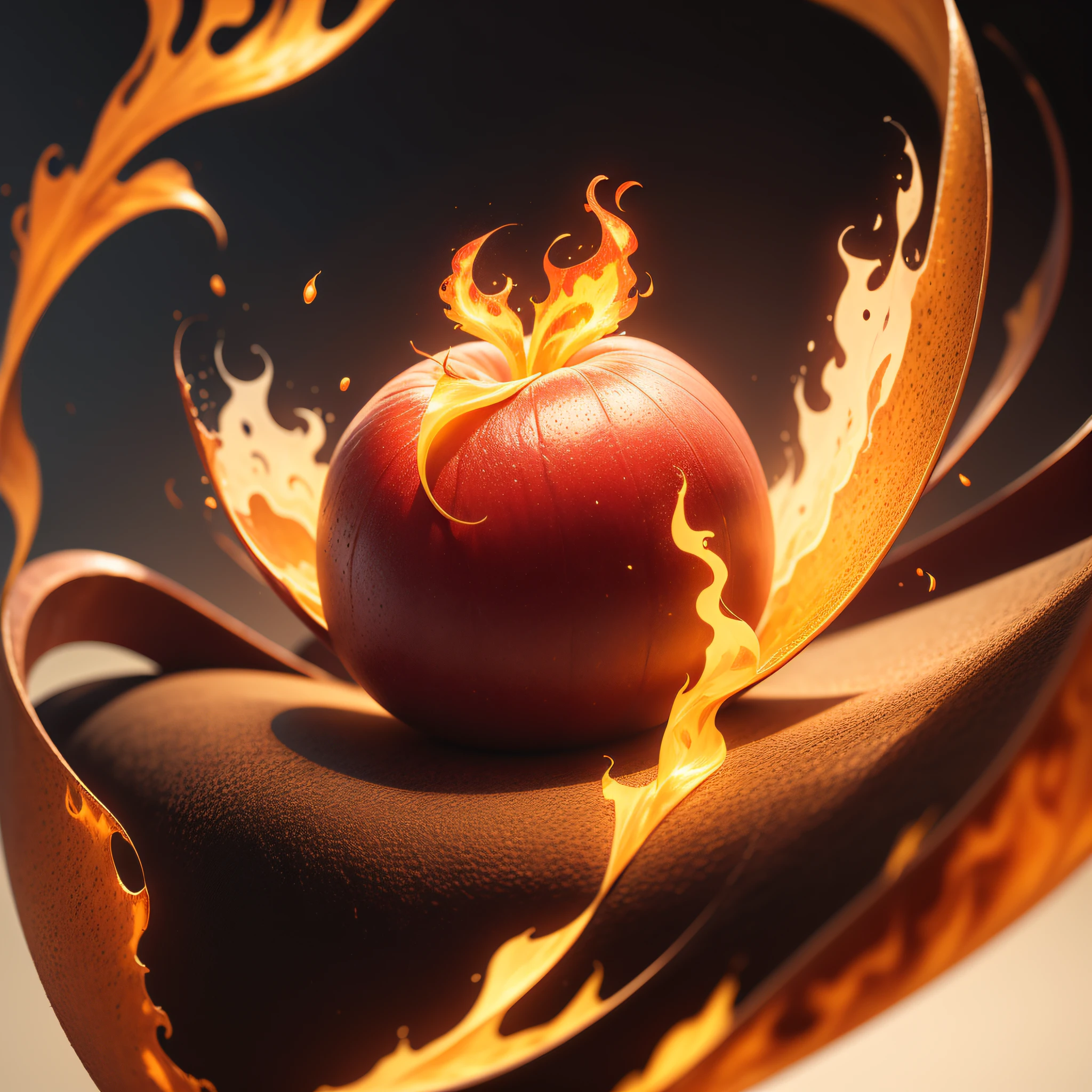 (cinematic, ultra-resolution), a single beautiful fruit, with a slight wavy shape, red and golden, flames. All-white background and distant photo.