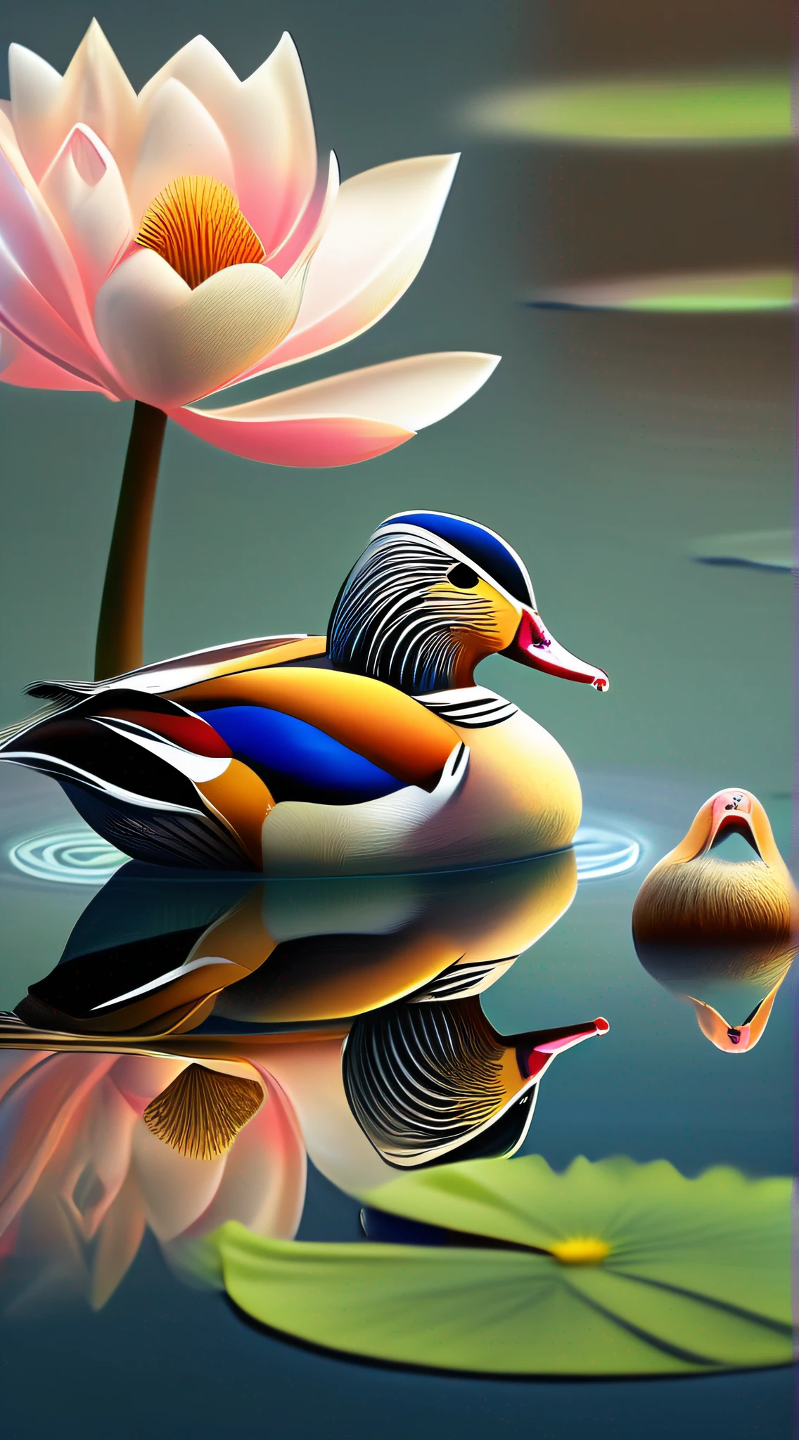 In a fascinating picture,A pair of mandarin ducks in the pond,Mandarin ducks' gorgeous feathers plus lotus flowers around them,It creates a captivating scene of harmony and otherworldly beauty,(中景 the scene is:1.3),(lotus flower:1.3),Ultra photo realsisim,Ultra-detailed graphics,masterece-piece,Premium wallpapers,hdr,(真实感,Masterpiece quality,Best Quority)