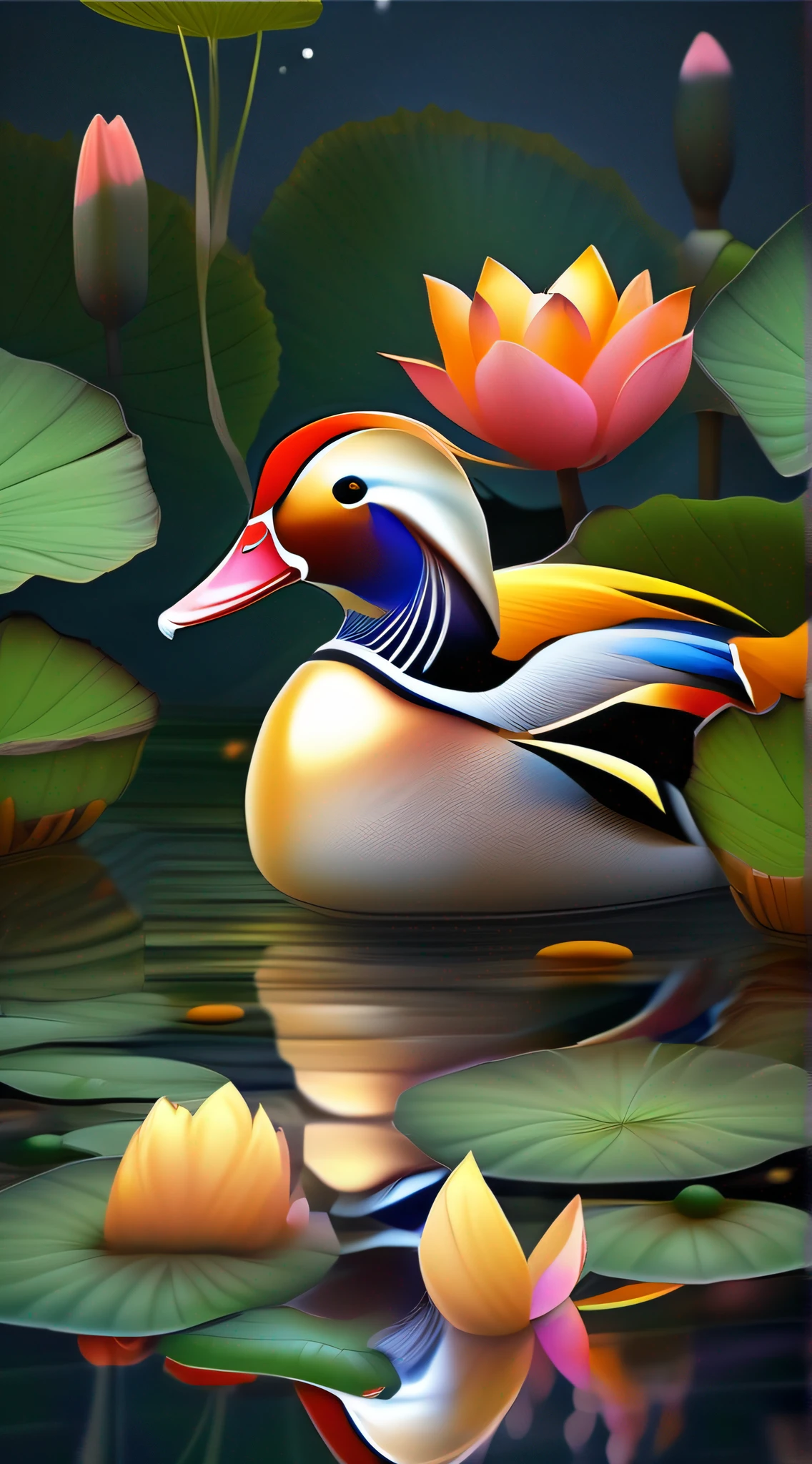 In a fascinating picture，A pair of mandarin ducks in the pond，Mandarin ducks' gorgeous feathers plus lotus flowers around them，It creates a captivating scene of harmony and otherworldly beauty，（中景 the scene is：1.3），（lotus flower：1.3），Ultra photo realsisim，Ultra-detailed graphics，masterece-piece，Premium wallpapers，hdr，（真实感，Masterpiece quality，Best Quority）