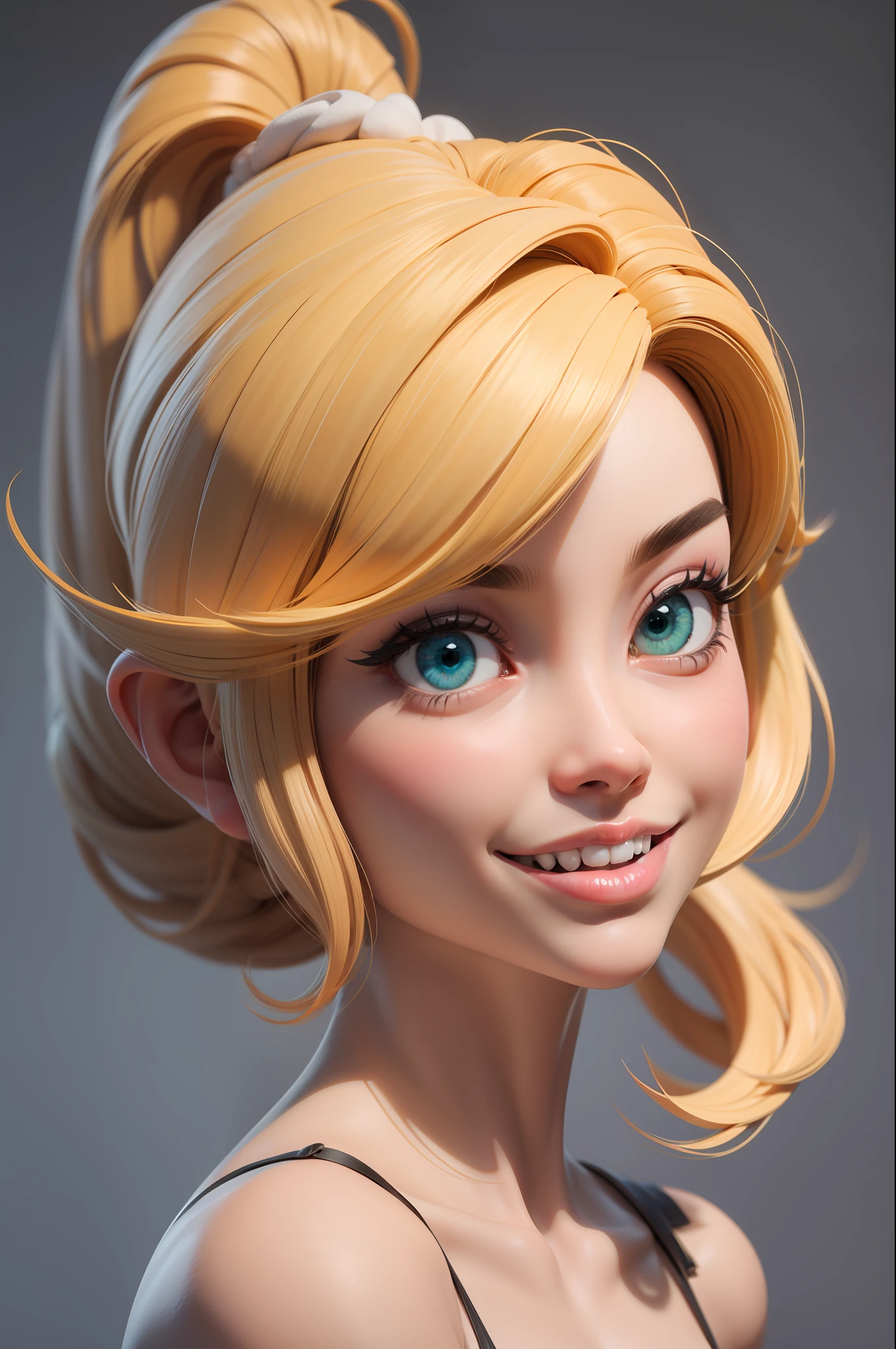 Masterpiece, best quality, Rendering job ..3d, Estilo ..3dMM, ..3d, 1Menina, somente, cabelos amarelos, Sardas, jewelries, Olhando para os lados, Realistic, Comprimento total, fundo simples claro, franja amarela, Desviando o olhar, cabelos longos, separated-lips, olhos verdes, Gargantilha, maquiagem, roupa rosa sorrindo, Dentes bonitos, sapatos amarelos