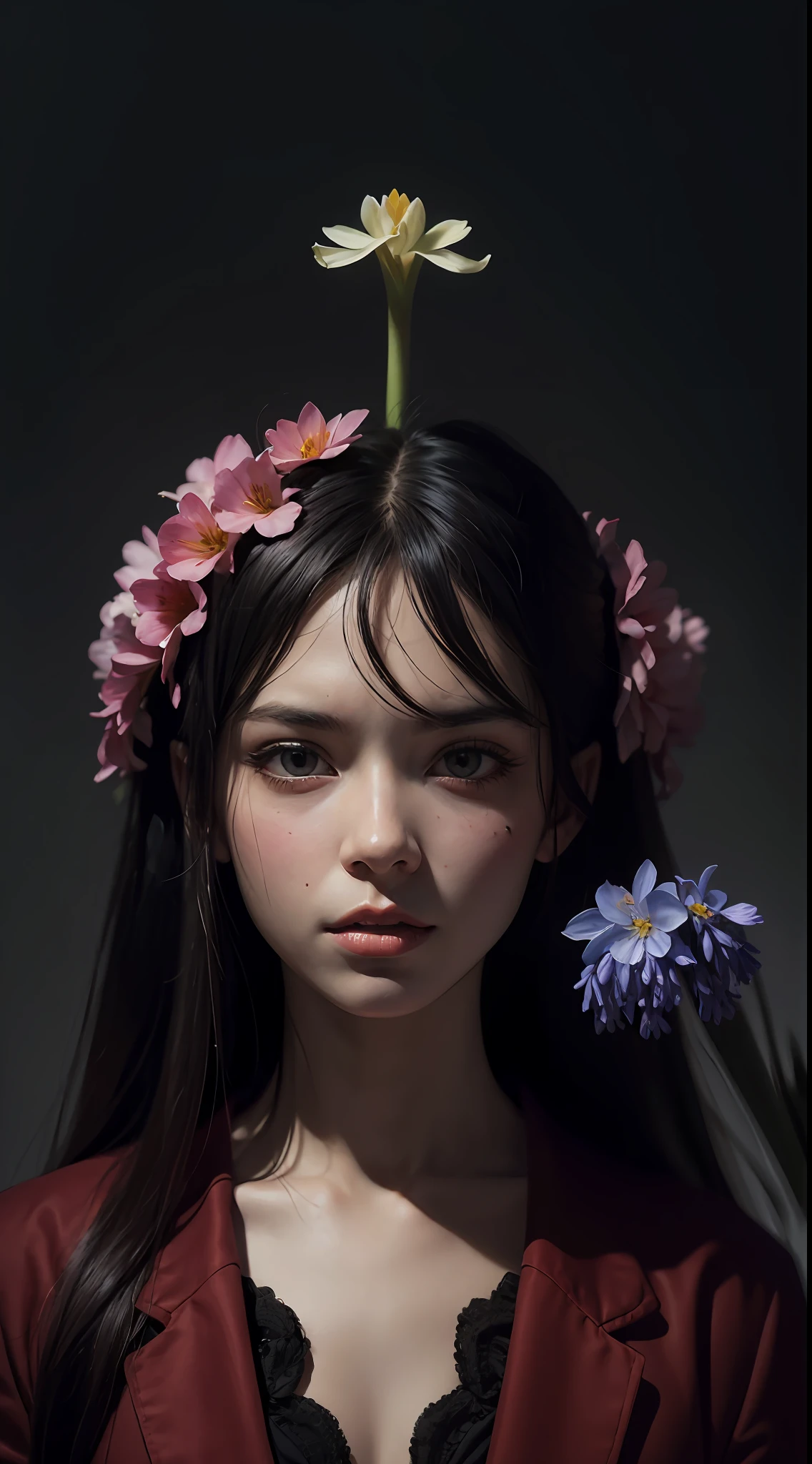 ((masterpiece, best quality)), 1girl, beautiful detailed eyes, ruby eyes, school uniform, vivid, flower, hyacinth, falling petals, Beksinski, artem demura, an ultrafine detailed painting, neoplasticism,