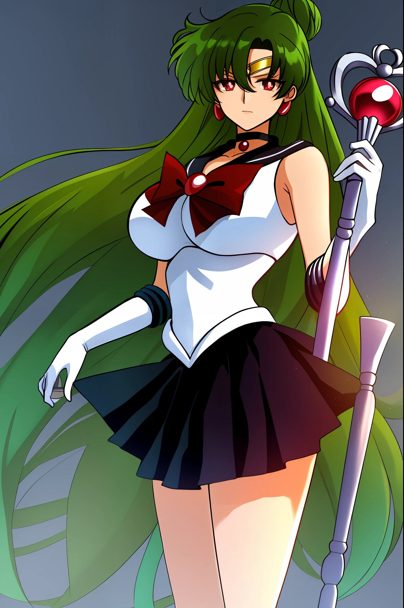 masterpiece, best_quality, highres, SetsunaMeiou, green_hair, hair_bun, red_eyes, big_breasts, standing, black_sailor_collar, black_skirt, black_choker, solo, sailor_senshi_uniform, tiara, staff, holding_staff, gloves