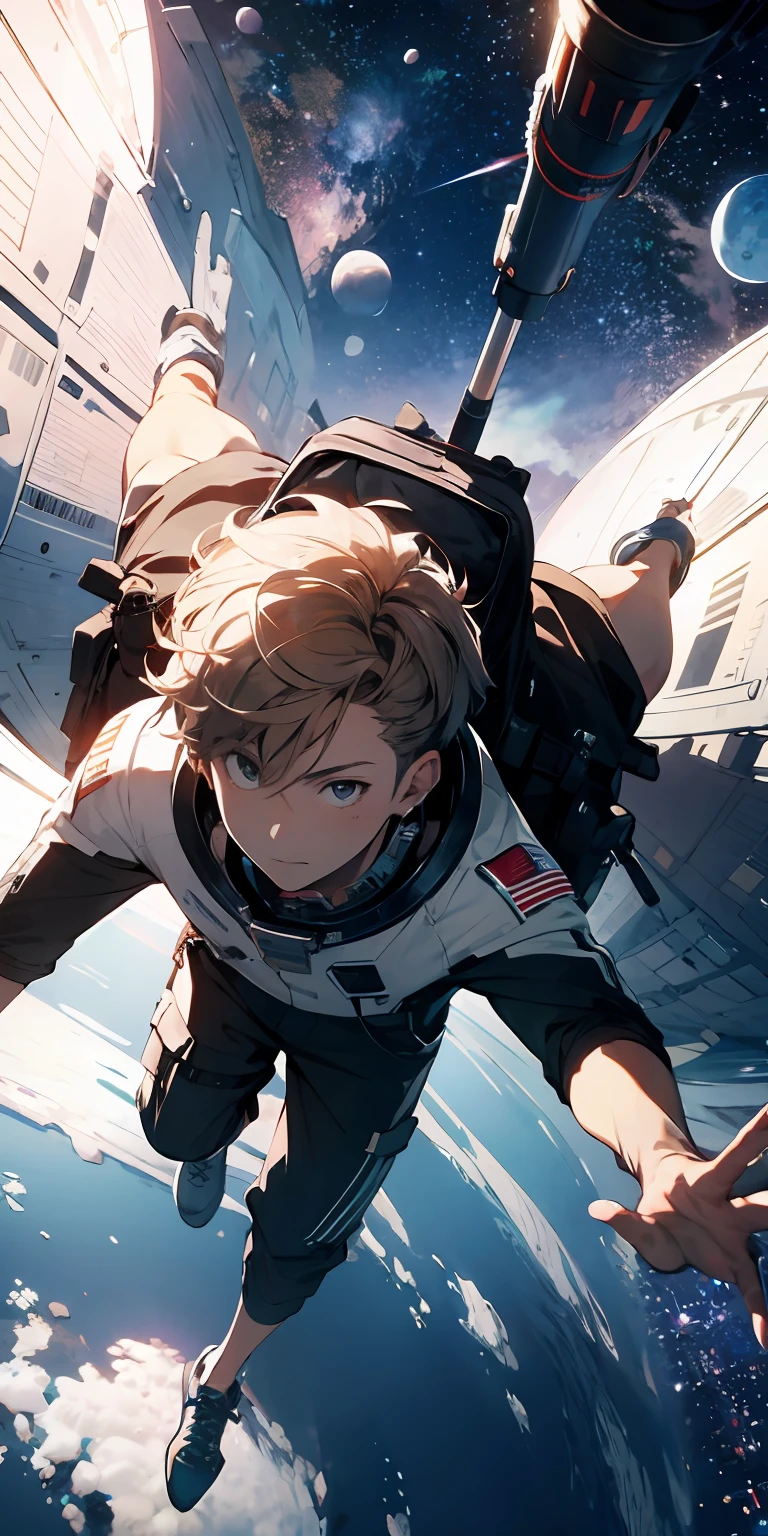 ridiculous resolution, high resolution, (masterpiece:1.4), super detailed, 1boy, seen from above, space, floating, --v 6