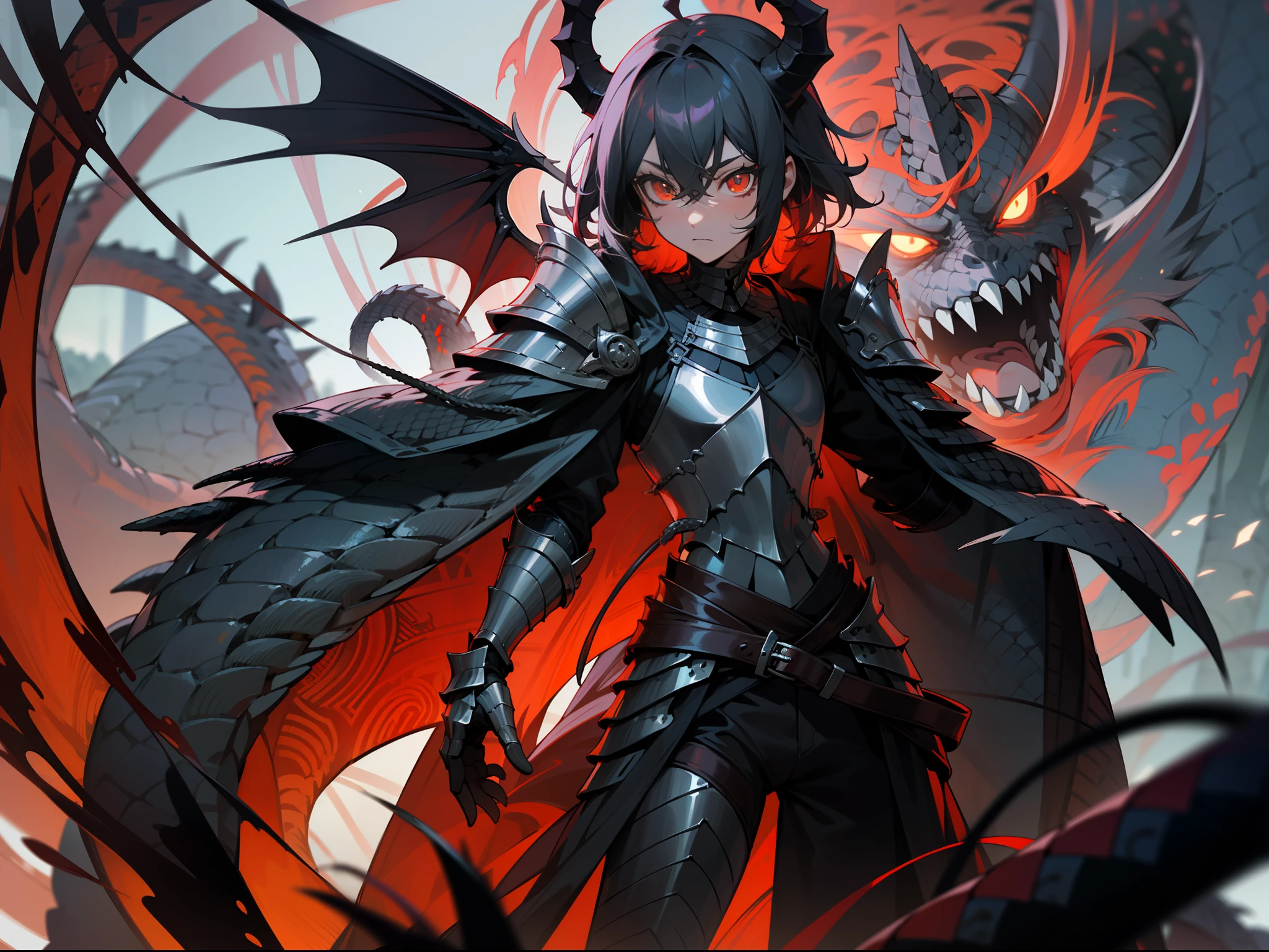 Master masterpieces,Infinite refinement of detail,Game standing drawing,solo person,He is a demon dragon born from the black and red carrion dust tentacles,A cute boy,Lady Lady,flatchest,He was a man,Without expression,with short black hair,Golden snake pupils,(((White bony armor))),Monster Hunter style carapace armor,The skin has partial snake scales,It has a dragon's tail with spines,Behind his waist grow half angel and half demon wings,There are twisted horns on the head,Wears a black-red demon mask that covers the upper part of his face,Red glowing texture,Red thread stripe
