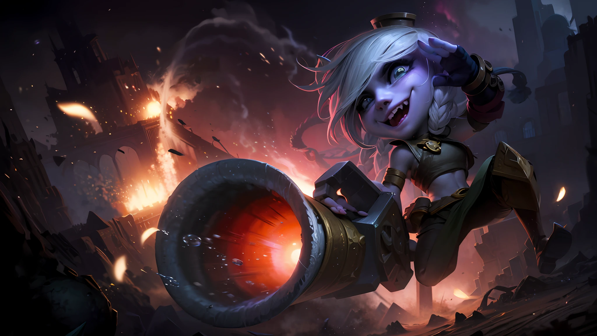 um close up de um personagem de desenho animado montado em um barril com fogo, jinx arcano, arte splash, arte oficial splash, League of Legends arte splash, Splashart de League of Legends, iconic character splash art, de League of Legends, Samira de League of Legends, arte de splash do personagem, Arte de League of Legends, Leblanc, Arte do personagem de League of Legends, Arte conceitual de League of Legends