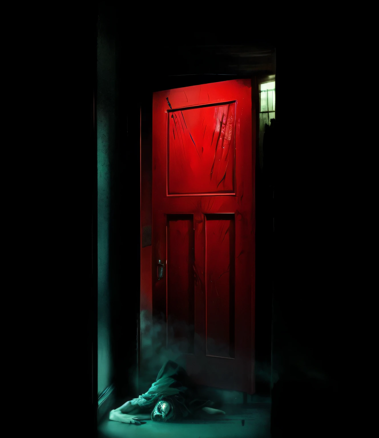 The devil lies in front of the red door，Entering the door soon。If the door is open，Scenes from horror movies will be reflected in people's minds。The stills inside the door portray the tension of psychological fear。There is a door in front of the door that can never be opened。The blonde leaned against the door，With horror posters that deepen the sinister of the scene。horror setting，horror image，horror poster，The camera horror is waiting for you to explore。 --auto