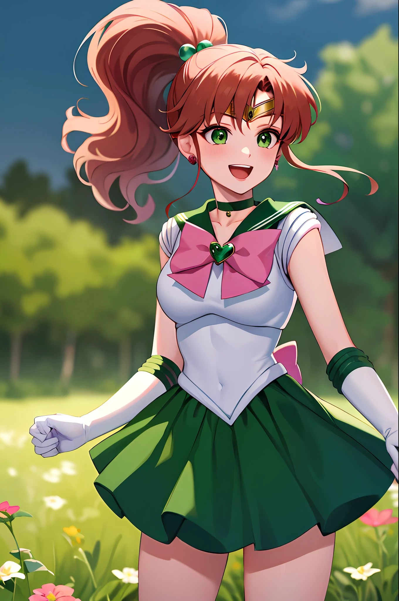 masterpiece, best quality, highres, hmjupiter, green eyes, ponytail, tiara, jewelry, sailor senshi uniform, green sailor collar, choker, elbow gloves, white gloves, pink bow, brooch, leotard, green skirt, cowboy shot, standing, field, smile, open mouth,