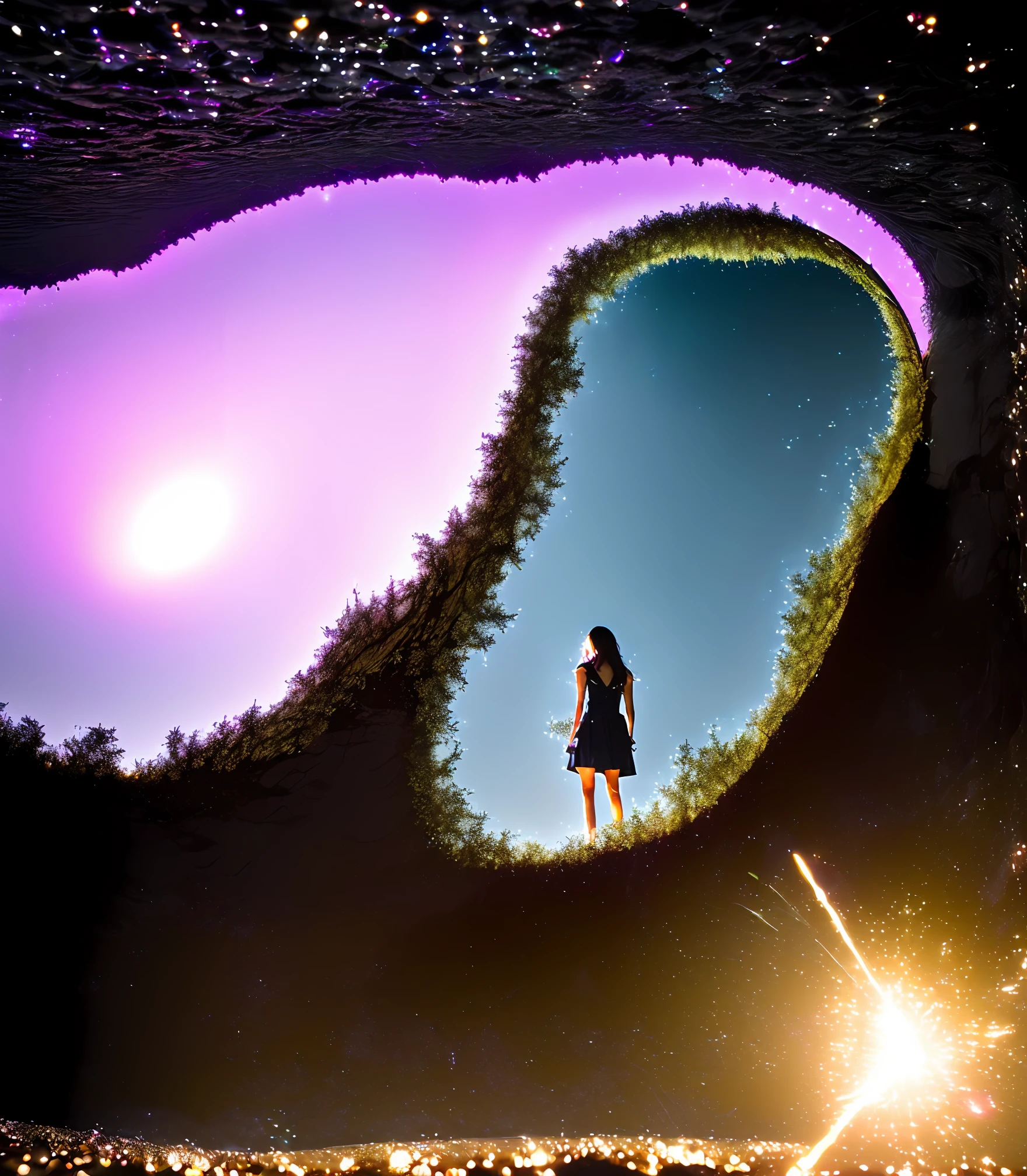 35mm, F/2.8, Incredibly hyper-detailed and intricately realisticfull body character + beautiful female neopunk wizard opening a portal to the sidereal multiverse :: Mandelbrot neuro web :: intricate galaxy inlay + ultra high detail, plasma neon internal glow, precise :: consciousness projection :: astral projection :: laser sharp, octane render + unreal render + photo real :: 8k, volumetric lighting high contrast --uplight --quality 2 --stop 80 --ar 9:16, full body shot, A GREAT ABYSS IN THE DEPTHS, with WITH LITTLE LIGHTS COMING FROM BELOW, A WOMAN FALLS INTO THE DEPTHS, IN A BEAUTIFUL LIGHT PINK DRESS AND TRANSPARENCIES , LONG HAIR, BLACK COLOR, THE SURFACE IS LIKE A LARGE MIRROR