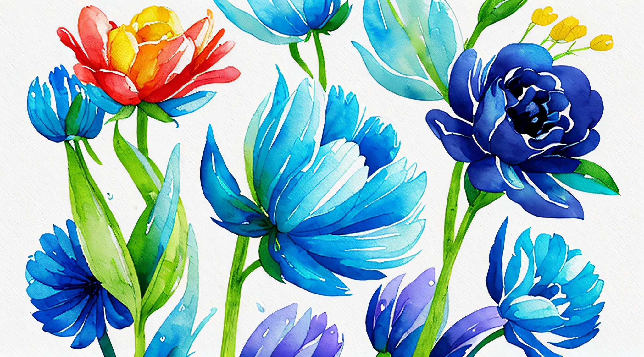 watercolor, flower, beautiful, watercolor style, flower and leaf patterns, wet on wet technique, muted, indigo, fabric design, flat illustration, highly detailed clean, vector image, masterpiece, professional, isometric, bright vector, white background, dry brush, brush strokes, painted on canvas, by J.M.W. Turner. expressive marks.