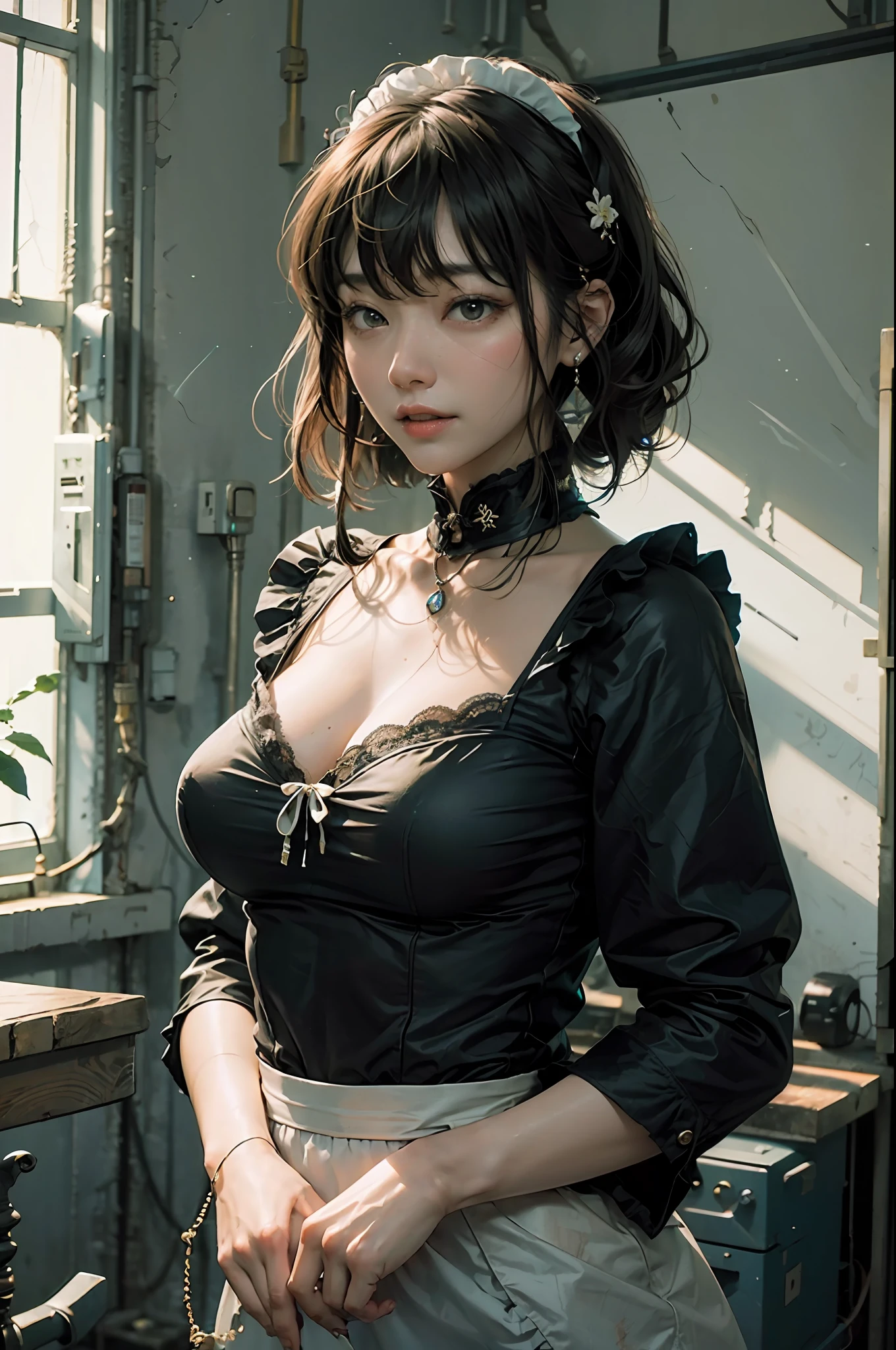 (非常详细的 CG 统一 8k 壁纸),most beautiful artwork in the world,1girl,Upper body body,kpop idol,jisoo,nudde,Black silk big breasts,gray hairs,length hair,Qi bangs,the maid outfit,large boob,Slightly fat --auto