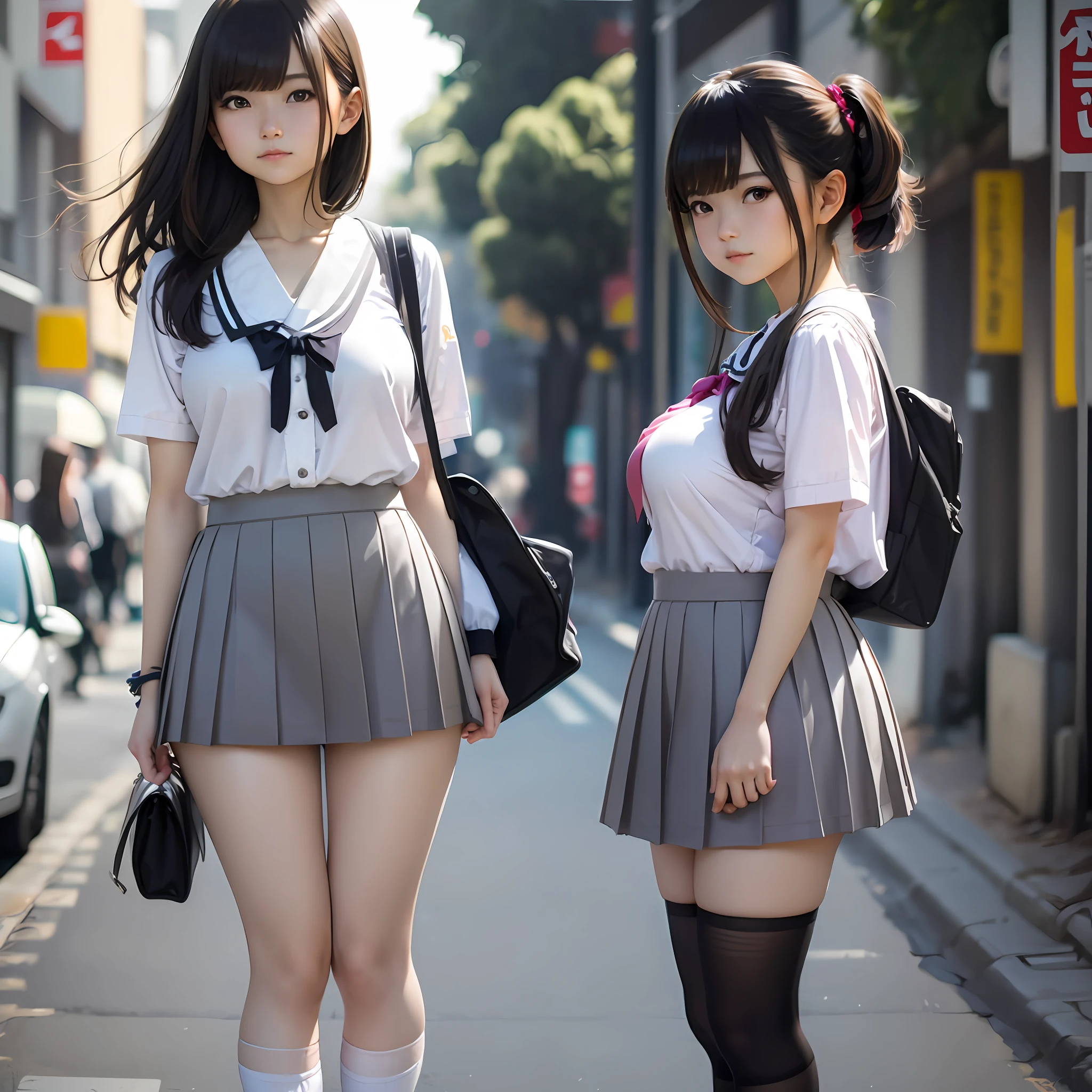 Take a half body head to thigh shot of a Japanese school girl, she is standing in the middle of a city street with her buttocks exposed. she must have sexy areolas, big boobs and blonde hair. please make her look like a typical Japanese school girl with a white blouse, Cardigan, very mini pleated skirt, black shoes, and high thight socks, Capture the natural lighting of the scene, with a bright and sunny ambiance. Ensure that the photo looks authentic and captures the energy and charm of a Japanese schoolgirl in a busy urban environment."