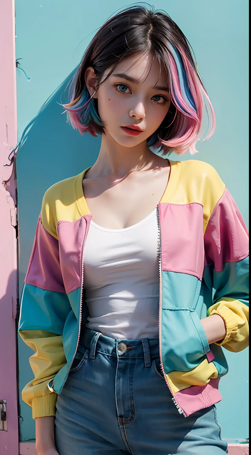 white 20yo female, blue eyes, ((yellow-blue-pink)) mix multicolor hair, (((surprised face))), ((perfect expression green eyes)), medium-short hairstyle, wearing pastel colorstyle cropped tshirt with stylish printed jacket, large-breasted, take standing kawaii portrait, multicolor wall background, realistic shadow, starring at camera, rembrant ((colorful theme)), eos 5D mark iv with 50mm, ultra highres photography, 8k wallpaper, soft rim light, ((masterpiece, photorealistic, best quality, hyperdetailed:1.2)), pulling shirt, deep cleavage