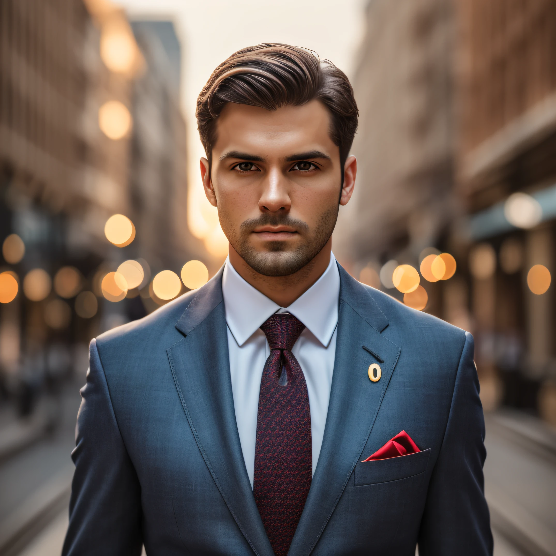 a Man standing with 30 years in suit and tie, body and head straight in the photo, DSRL, facing the viewer of the photo, eyes fixed to the lens, appears shoulders and head in the photo, man centered in the photo, 8k, best quality, masterpiece, realistic, realistic photo, movie photo, ultra realistic, 1 person, detailed, Perfect lighting, DSRL, professional photo, 4k