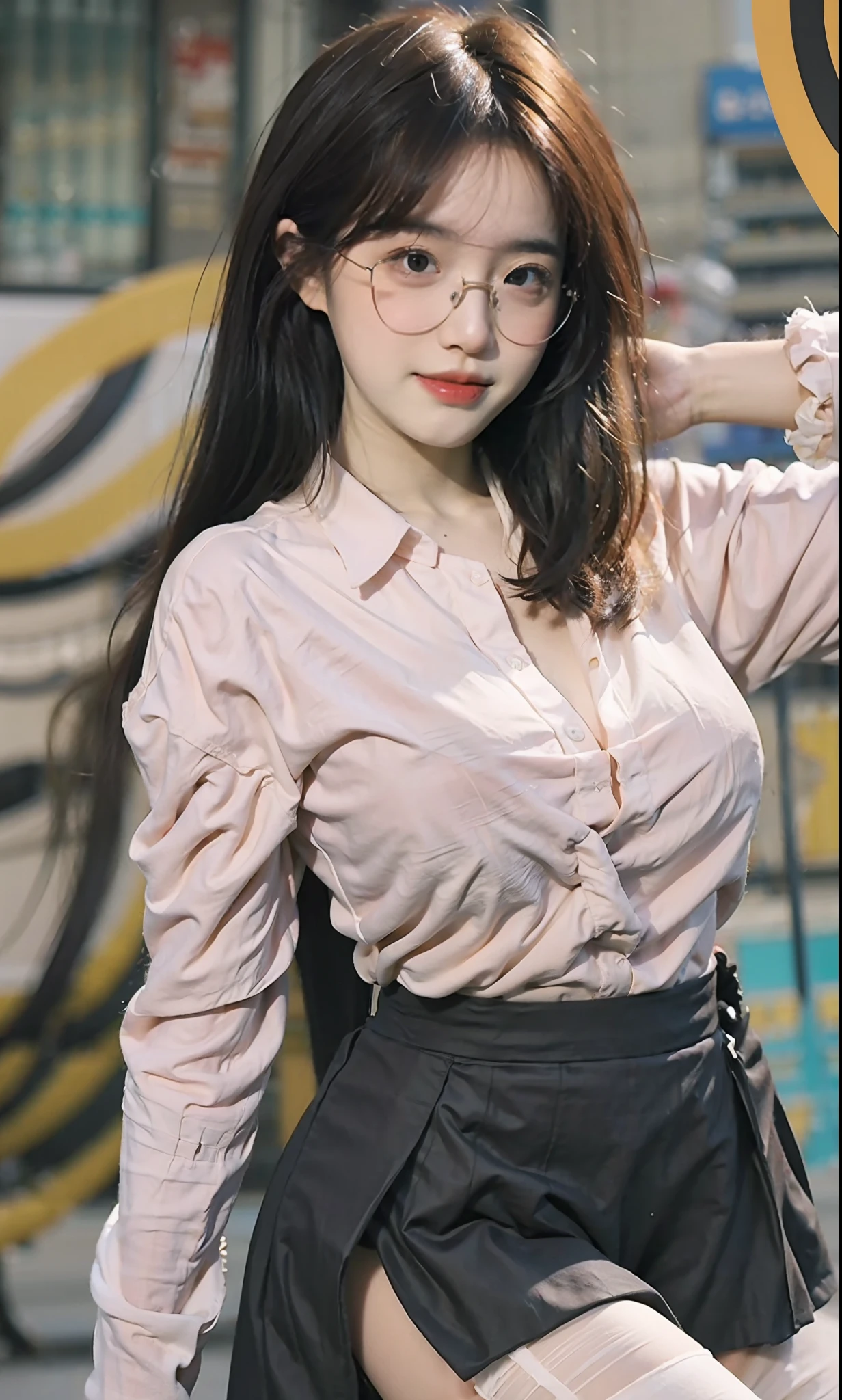 ulzang-6500-v1.1,(OriginalPhoto:1.2), (Photorealistic:1.4), beautiful detailed girl, Very detailed eyes and face, Beautiful detailed eyes, absurderes, incredible absurdity, hugefilesize, hyper detailled, A high resolution, abundantly detailed,Best Quority,a masterpiece of,,illustratio,abundantly detailed,CG,unified,8k 壁纸,Amazing,finely detailled,a masterpiece of,Best Quority,greatly detailed的 CG unified 8k wallpapers,light in face,cinmatic lighting, 1girl huge large breasts, 16 years old,Long white hair,lateral division,,((No panties)),(wears glasses),(((dynamicpose))),(((sexyposture))),(Half-body),((White pantyhose)),(((Apricot skirt wrapped around hips))),White colored shirt