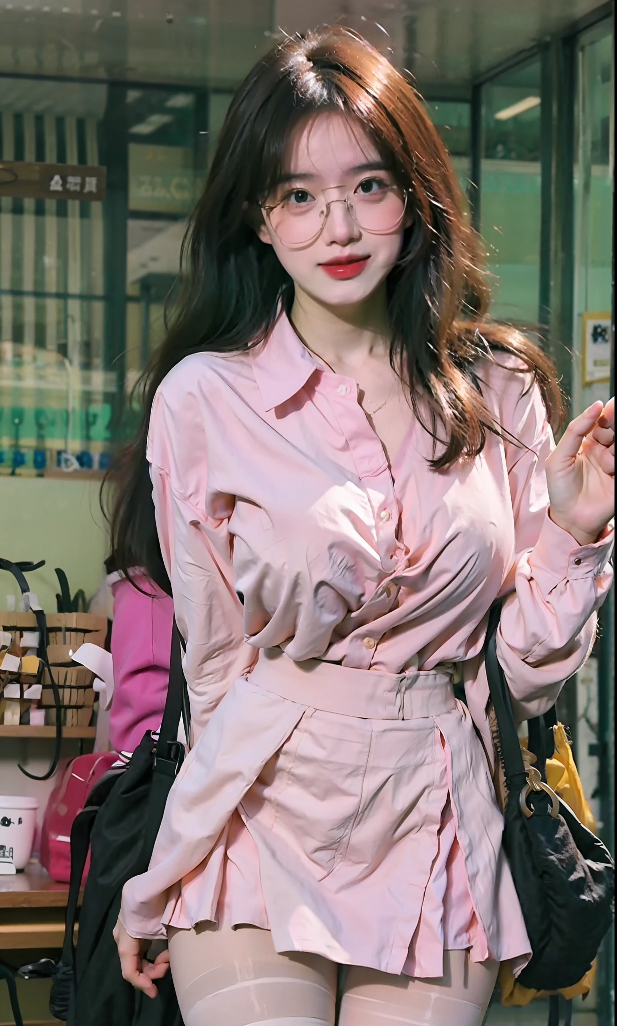 ulzang-6500-v1.1,(OriginalPhoto:1.2), (Photorealistic:1.4), beautiful detailed girl, Very detailed eyes and face, Beautiful detailed eyes, absurderes, incredible absurdity, hugefilesize, hyper detailled, A high resolution, abundantly detailed,Best Quority,a masterpiece of,,illustratio,abundantly detailed,CG,unified,8k 壁纸,Amazing,finely detailled,a masterpiece of,Best Quority,greatly detailed的 CG unified 8k wallpapers,light in face,cinmatic lighting, 1girl huge large breasts, ,Long white hair,lateral division,,((No panties)),(wears glasses),(((dynamicpose))),(((sexyposture))),(Half-body),((White pantyhose)),(((Apricot skirt wrapped around hips))),White colored shirt