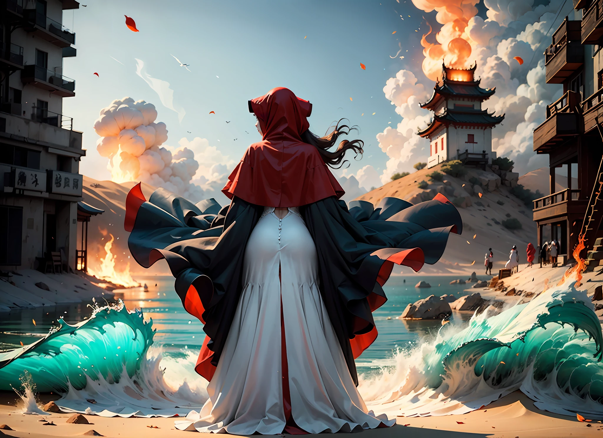 a masterpiece of,China-style,Best picture quality;Immortal CG,Extremely fine,8k wallpaper level;Romantic aesthetics,Ultimate purity,Floating screen;A bride with her full back to the camera,Dressed in gorgeous wedding dresses,Wear a red hood,Standing in the picturesque red sea on the other side;The sky is covered with red light,It's like a sea of fire,Suffocating。