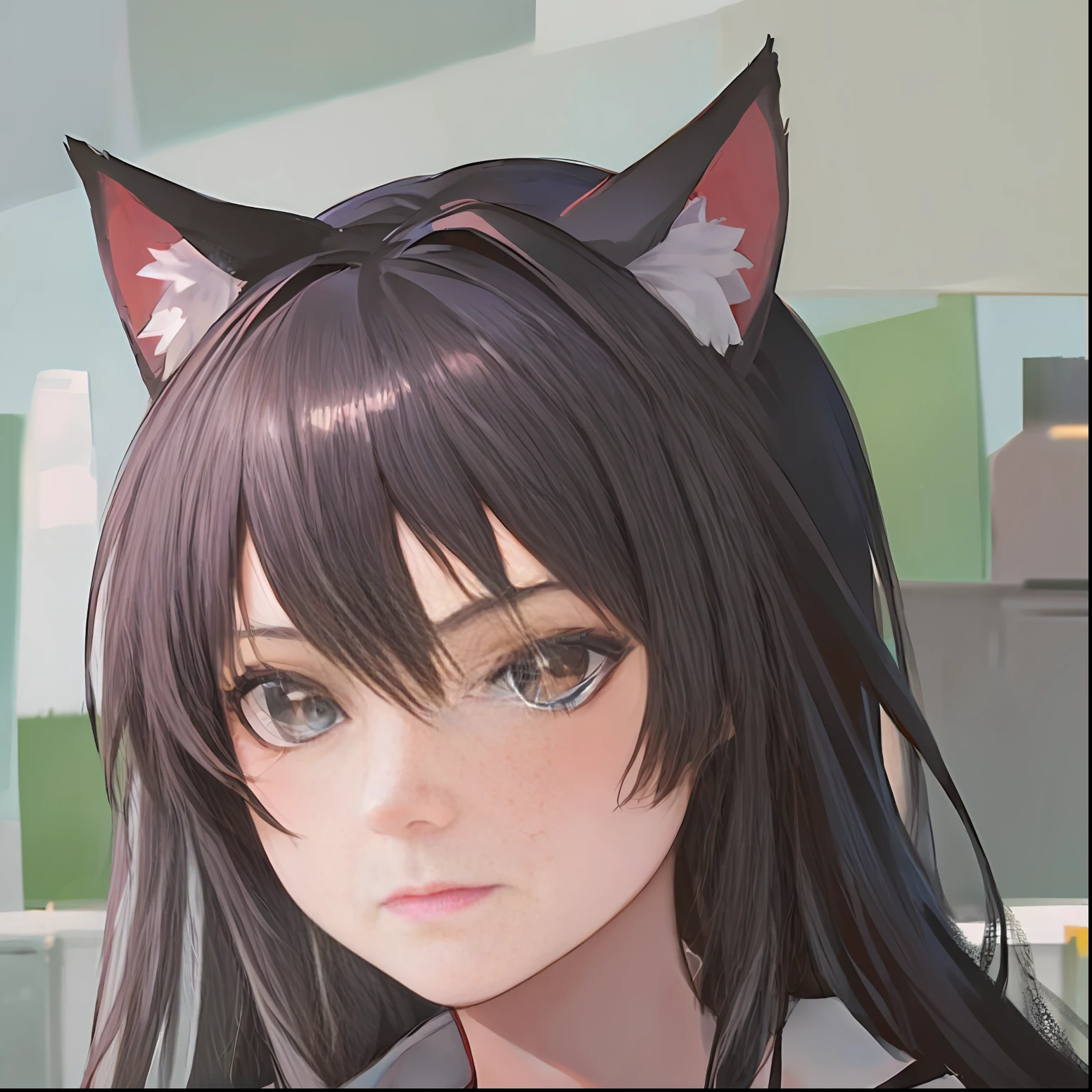 (anime girl with cat ears+Anime moe art style：1.2)，Beautiful attractive cat girl，Wearing a black dress，Slender and graceful，(Beautiful face+Beautiful eyes，Beautiful red pupils)，urban backdrop，Realistic lighting，Delicate and soft，8K Ultra HD picture quality，made in anime painter studio，(Action-packed portraits+Anime style)，Unforgettable。