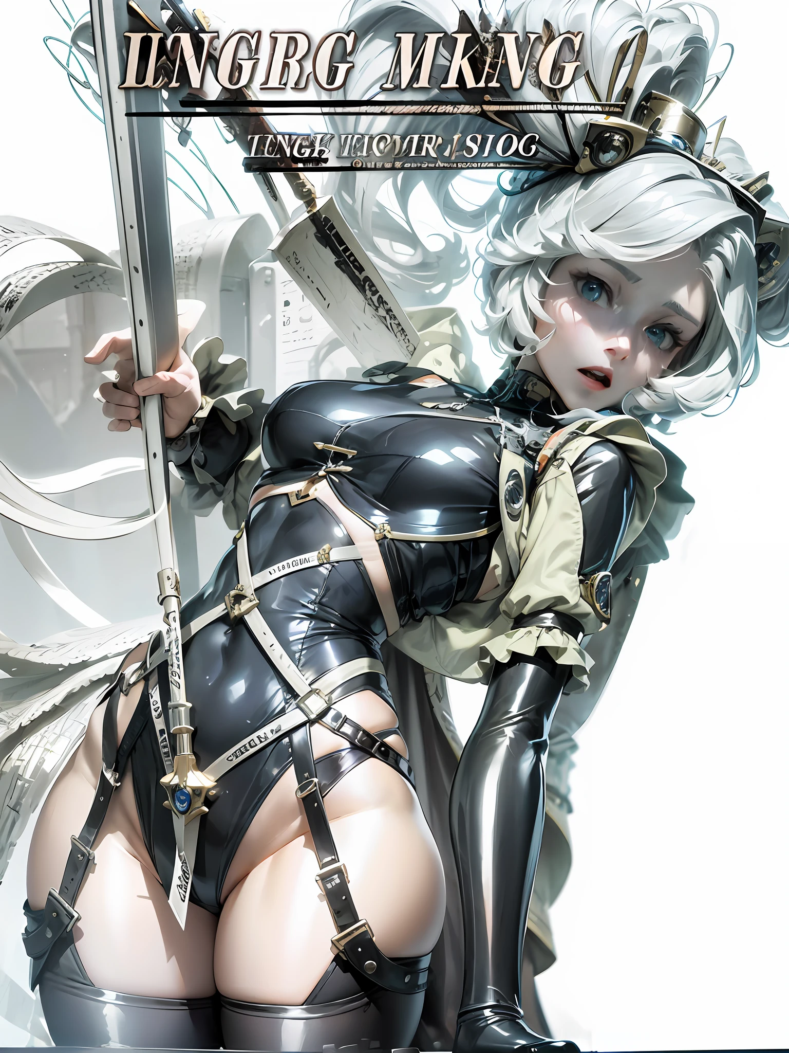 there is a woman in a black and white outfit posing with a sword, Extremely detailed Artgerm, [ CGsociety trend ]!!, cyborg - girl with silver hair, Art germ. High detail, Fanart Meilleure ArtStation, CGsociety masterpiece, Art germ on ArtStation Pixiv, yoshitakka amano karol bak