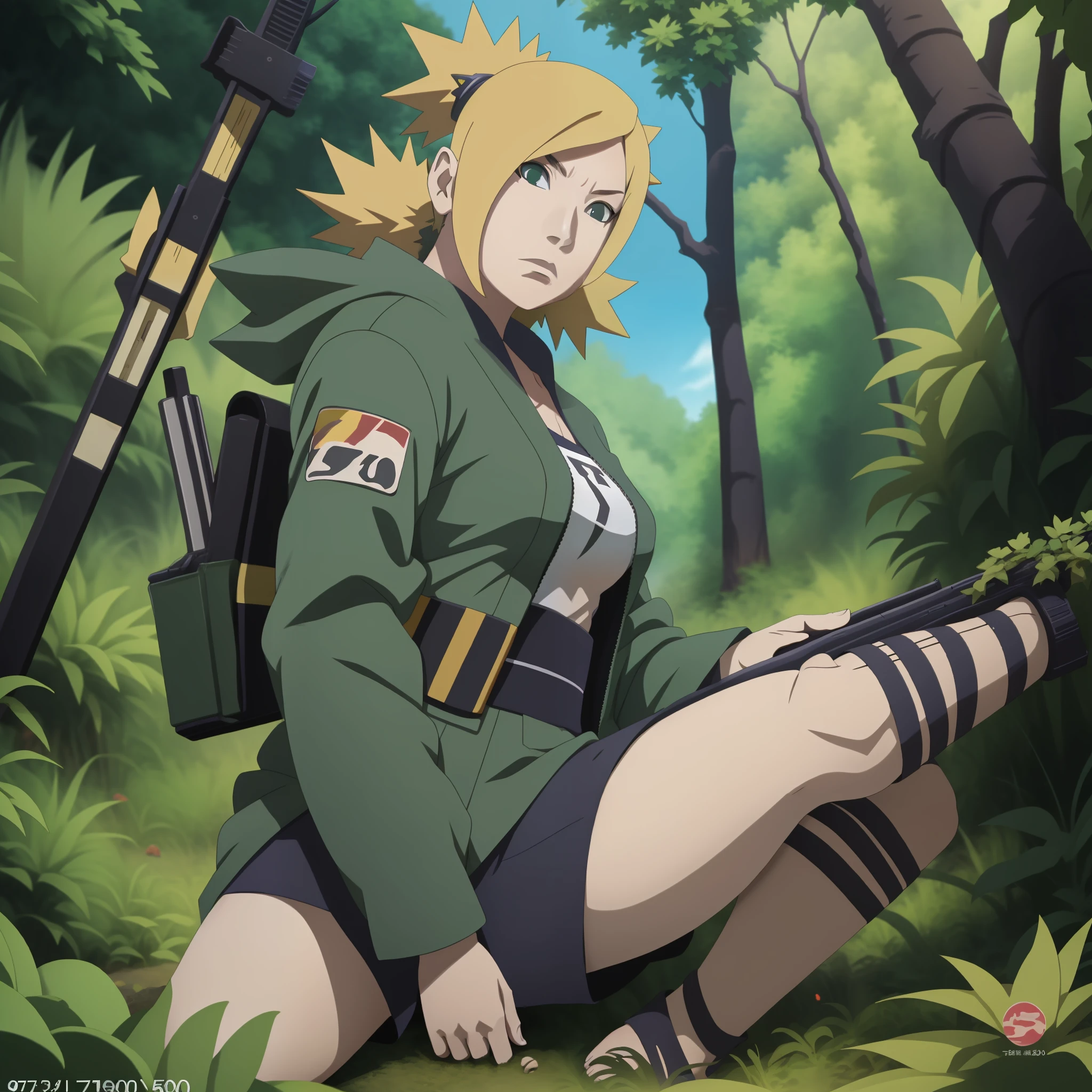 Temari (naruto anime ) in stealth unit uniform , in jungle bushes , sniper rifle ( AS-50 ) , full body , seductiv, best quality , masterpiece , 8k , best illustration