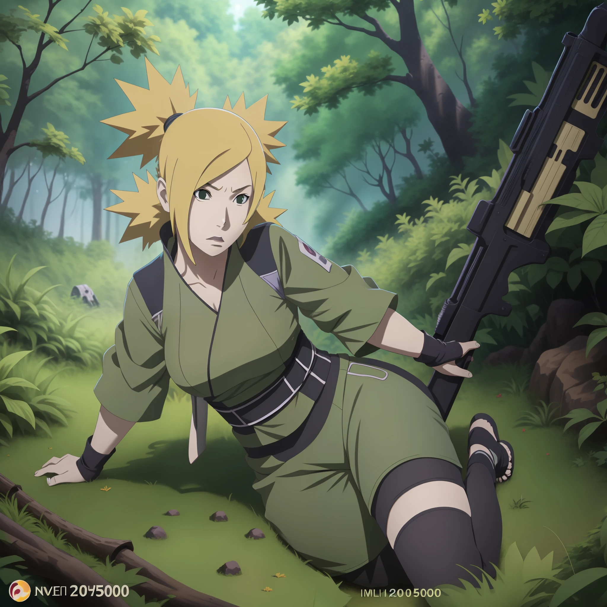 Temari (naruto anime ) in stealth unit uniform , in jungle bushes , sniper rifle ( AS-50 ) , full body , seductiv, best quality , masterpiece , 8k , best illustration