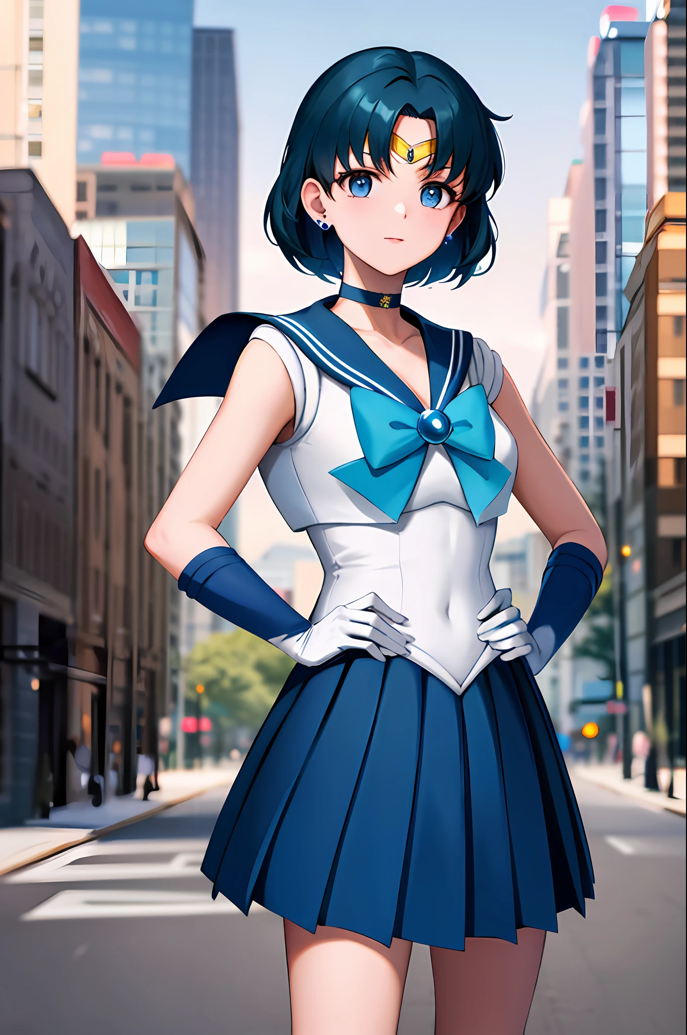 masterpiece, best quality, highres, mer1, tiara, sailor senshi uniform, blue skirt, blue sailor collar, tiara, bow, knee boots, choker, white gloves, blue choker, elbow gloves, jewelry, earrings, pleated skirt, cowboy shot, hand on hip, city