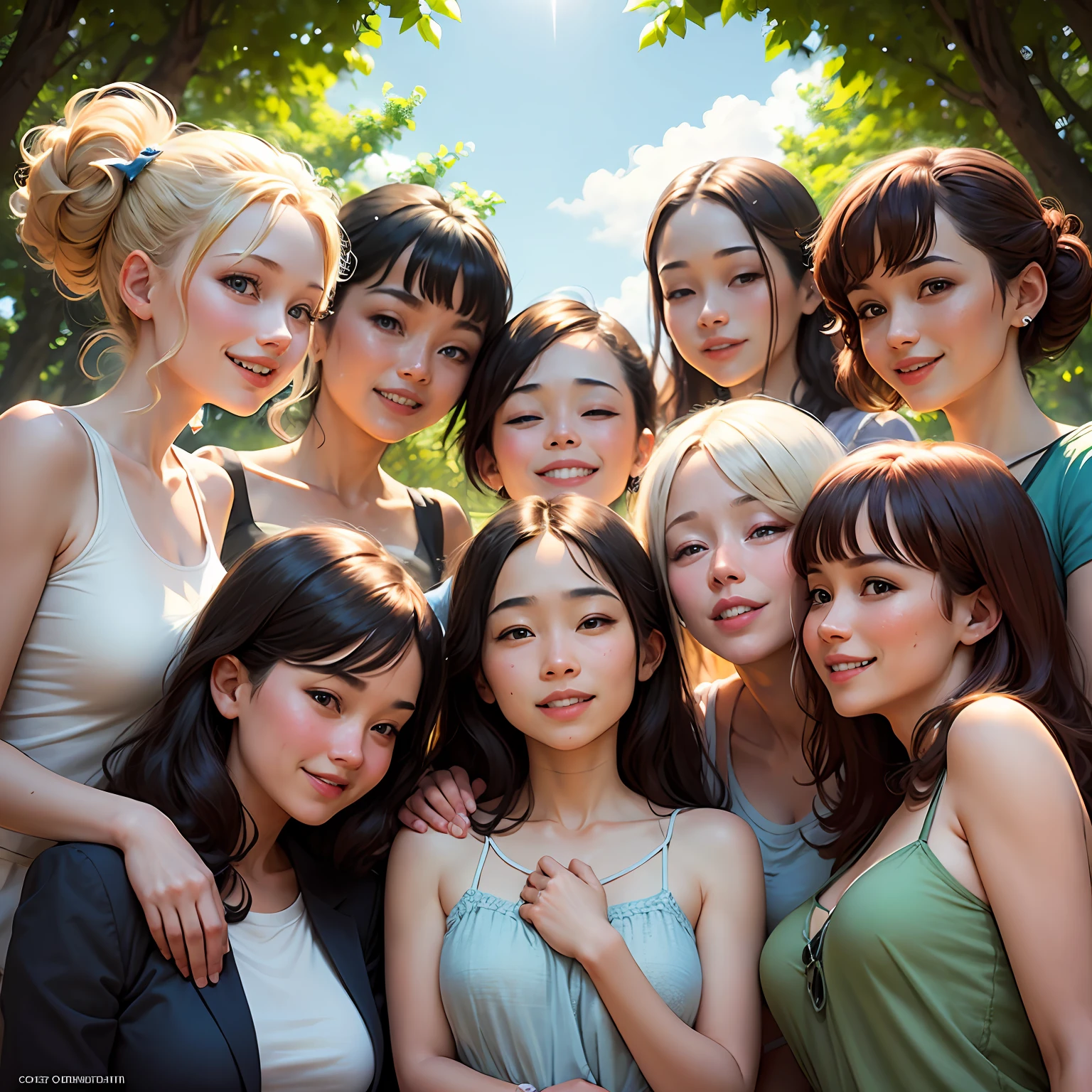 ((Best quality, masterpiece)), eight lifelong friends, warmly embracing, smiling ear-to-ear, surrounded by lush greenery and a crisp blue sky, basking in the sunshine of a perfect day.