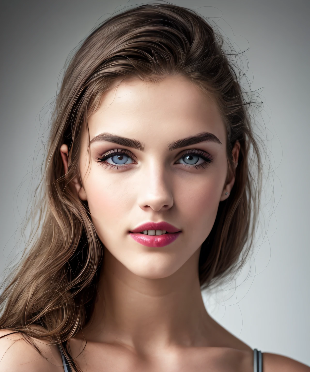fashion model 25 years old, [[[[closeup]]]], [[[[chest]]]], [[[[neck]]]], [[[[shoulders]]]], perfect eyes, perfect iris, perfect lips, perfect teeth, perfect skin, soft front light, glow, HDR, (muted colors:1.2)