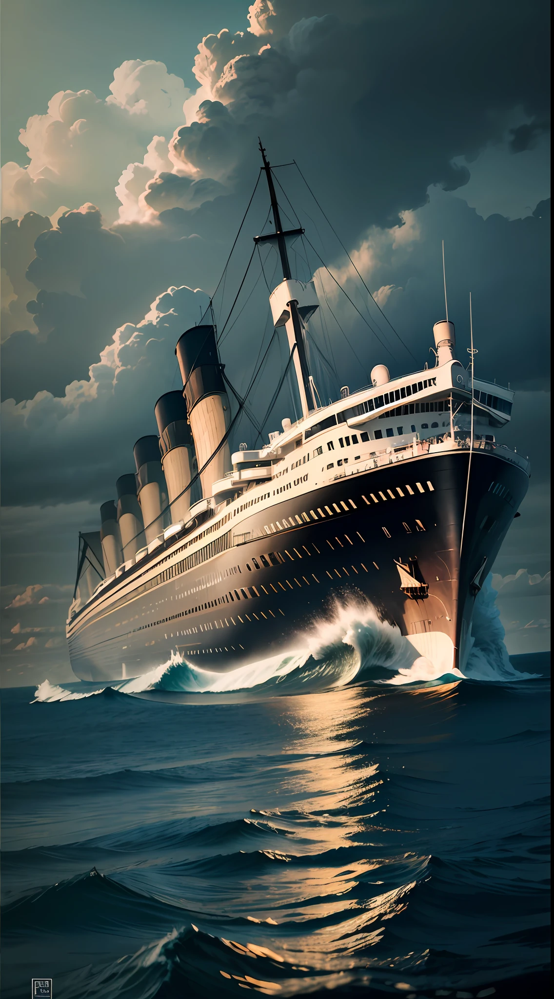 close up photo, one ship, titanic cruising in the vast ocean, cinematic, (best quality, masterpiece:1.2, ultra high details)