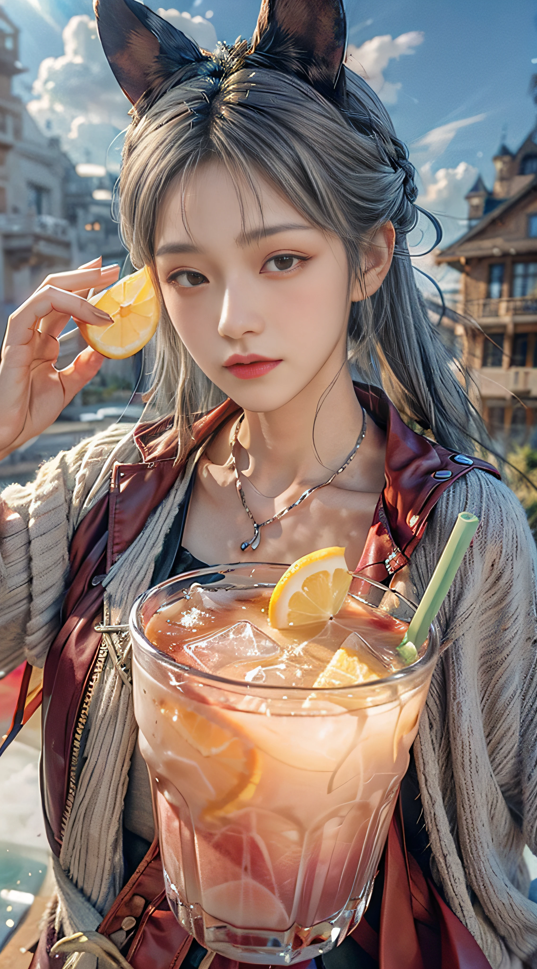 Gray sweater,Burgundy leather coat,Gray hair,Ethereal atmosphere,ice cubes,lemon juice,drinks,Sunny with blue sky,beautiful cloud