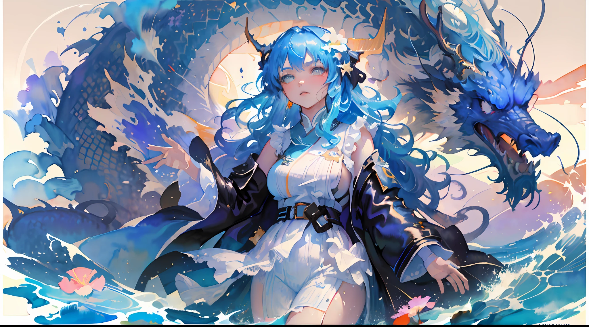 (masterpiece, top quality, best quality,1girl, long hair, (glowing:1.15), (team:1.1), (flowers:1.15), (monarch:1.05),Long coat,surrounded by huge Chinese dragons,dragon open mouse,1girl,solo,light_blue_hair,liquid hair, long hair,floating hair, standing,sundress, liquid clothes, water,waves, tsunami,tide,sea,water dress,fantasy, high contrast,explosions, over exposure, purple and red tone impression , abstract, ((watercolor painting by John Berkey and Jeremy Mann )) brush strokes, negative space,,