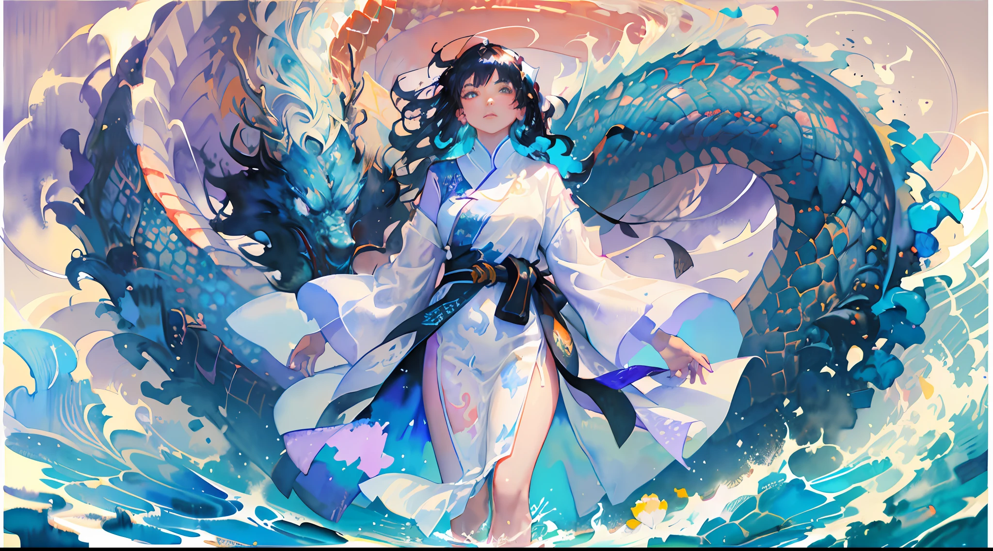 (masterpiece, top quality, best quality,1girl, long hair, (glowing:1.15), (team:1.1), (flowers:1.15), (monarch:1.05),Long coat,surrounded by huge Chinese dragons,dragon open mouse,1girl,solo,light_blue_hair,liquid hair, long hair,floating hair, standing,sundress, liquid clothes, water,waves, tsunami,tide,sea,water dress,fantasy, high contrast,explosions, over exposure, purple and red tone impression , abstract, ((watercolor painting by John Berkey and Jeremy Mann )) brush strokes, negative space,,